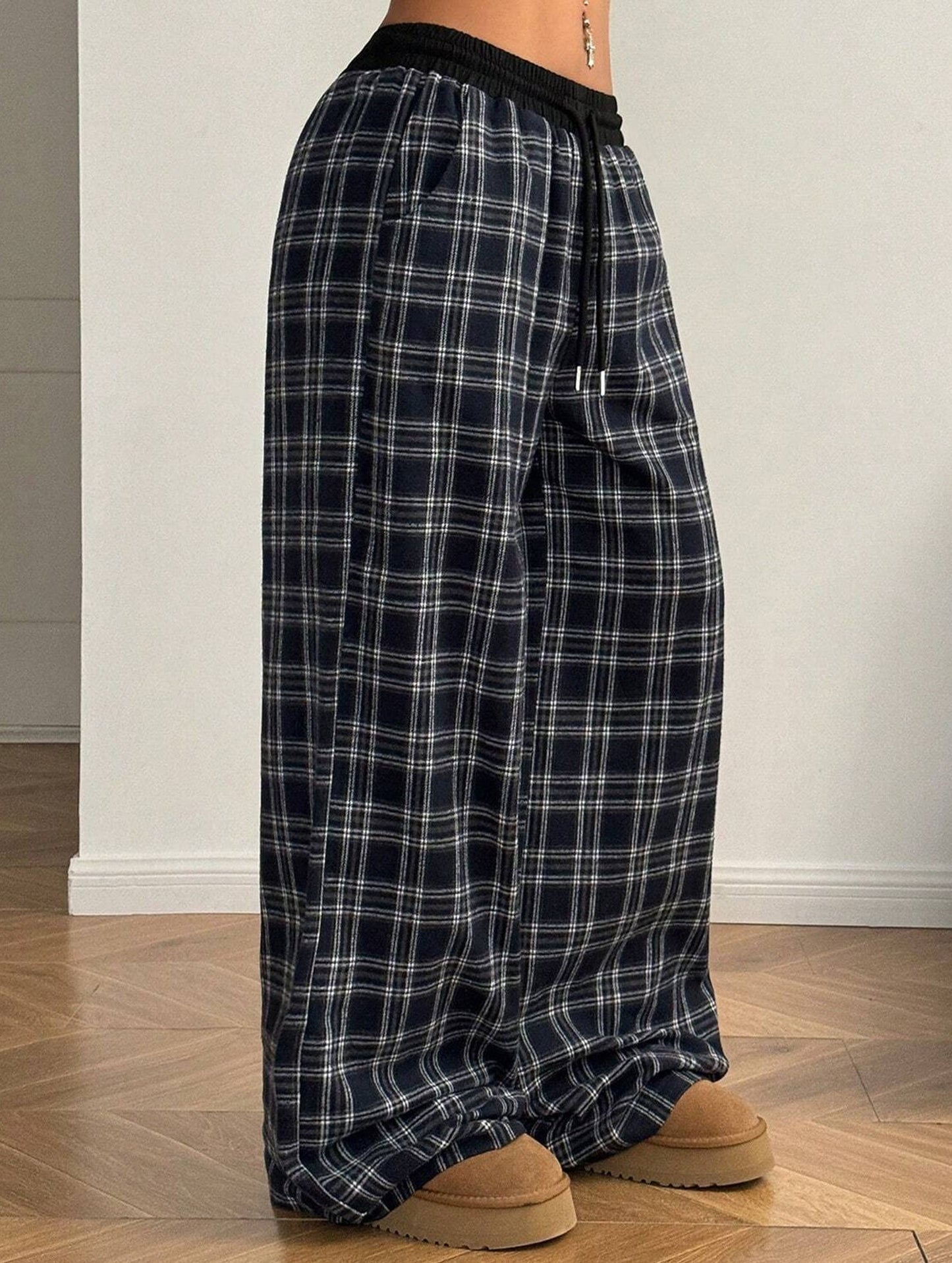 Plaid panel high waist sports straight pants