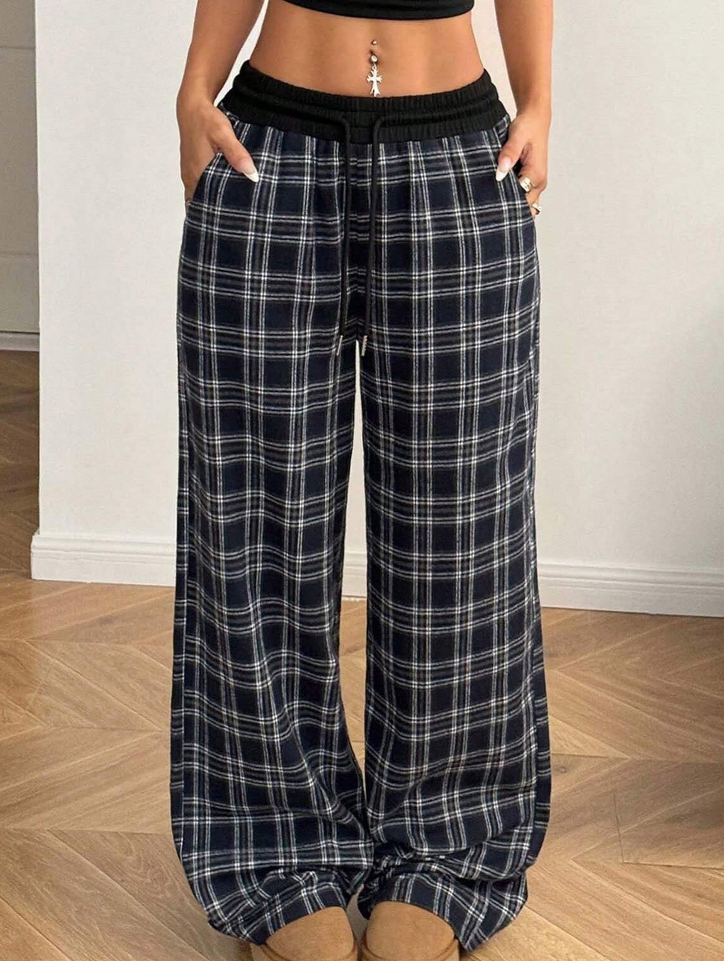 Plaid panel high waist sports straight pants