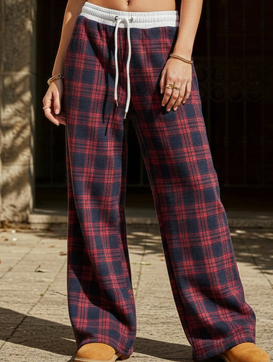 Plaid panel high waist sports straight pants