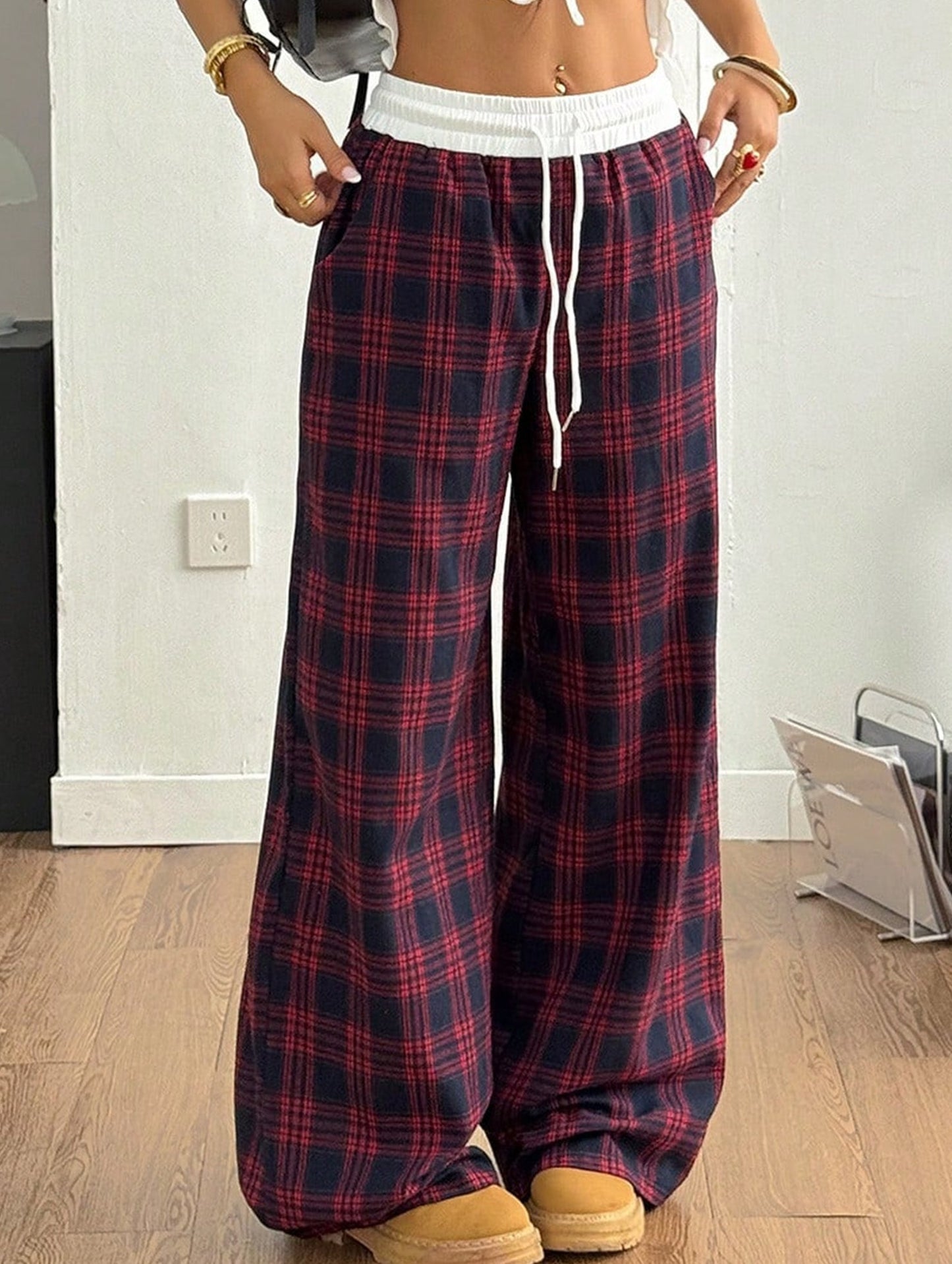 Plaid panel high waist sports straight pants
