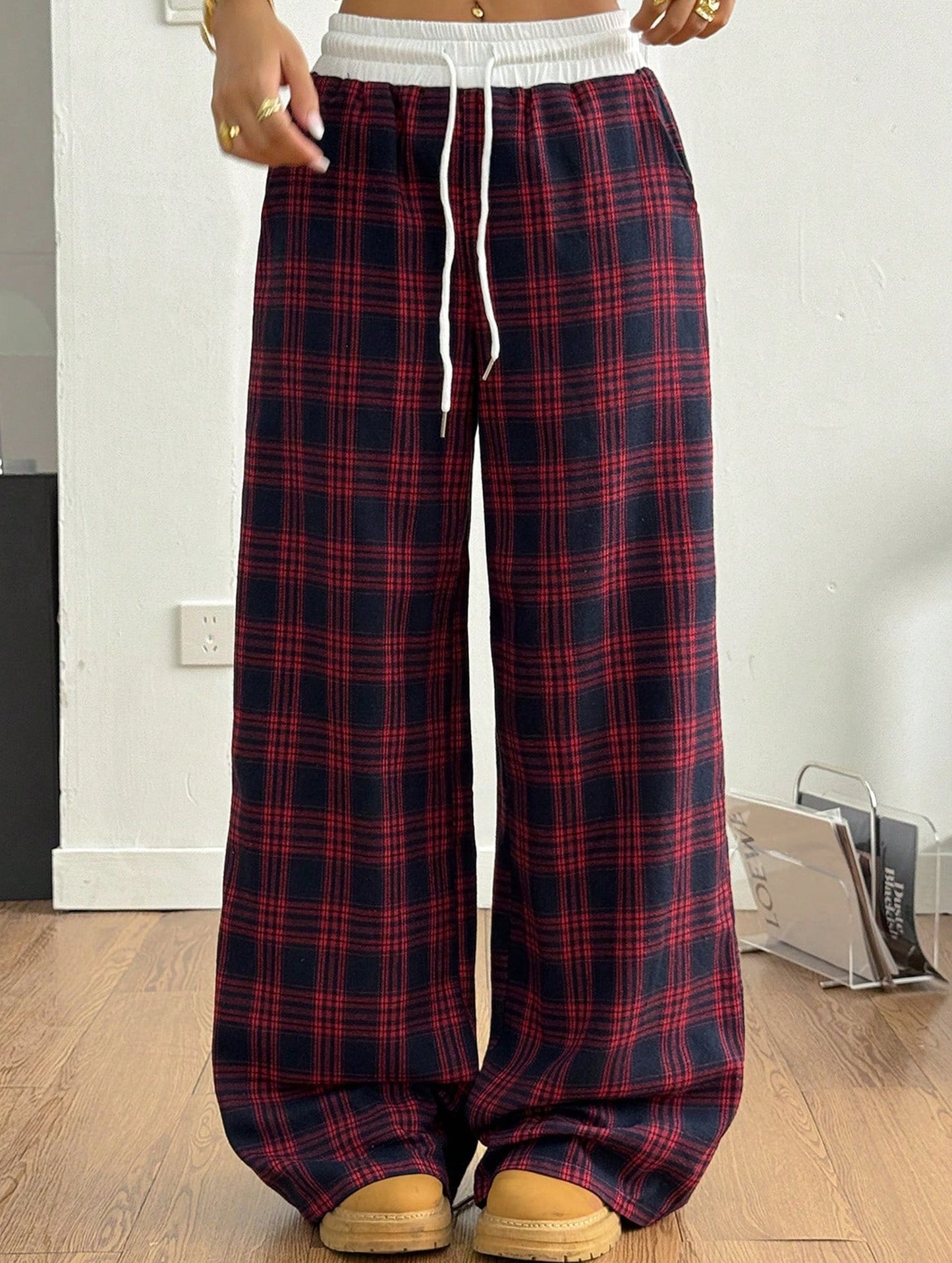 Plaid panel high waist sports straight pants