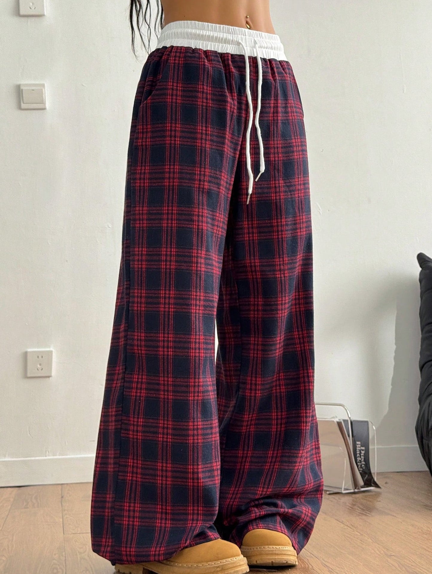 Plaid panel high waist sports straight pants