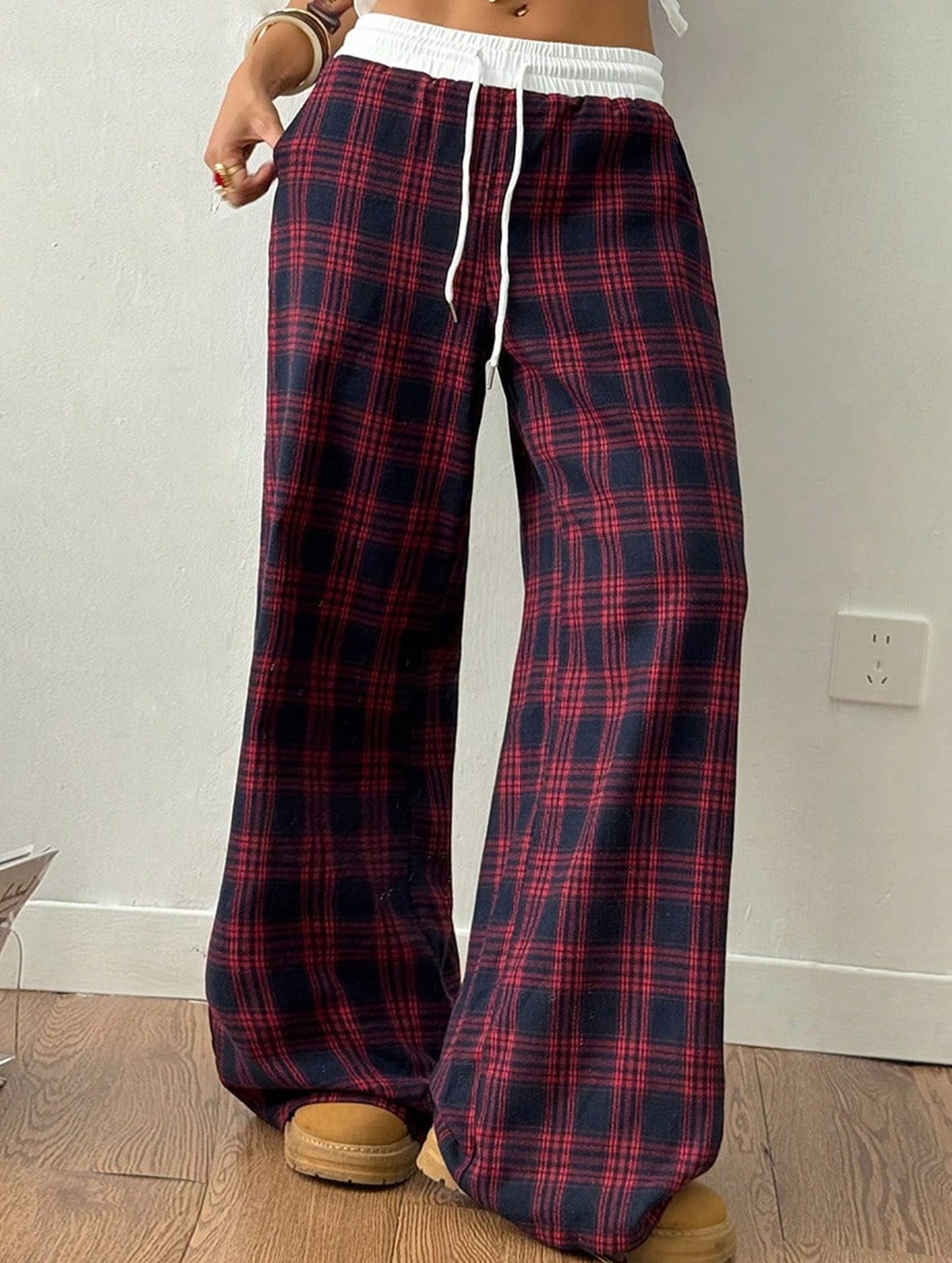 Plaid panel high waist sports straight pants