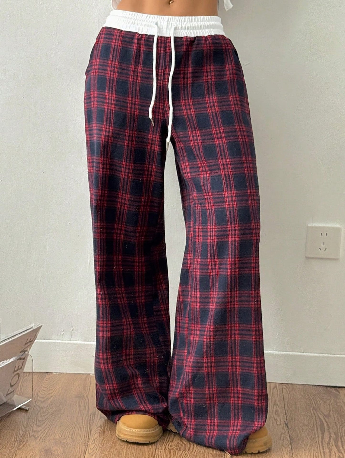 Plaid panel high waist sports straight pants