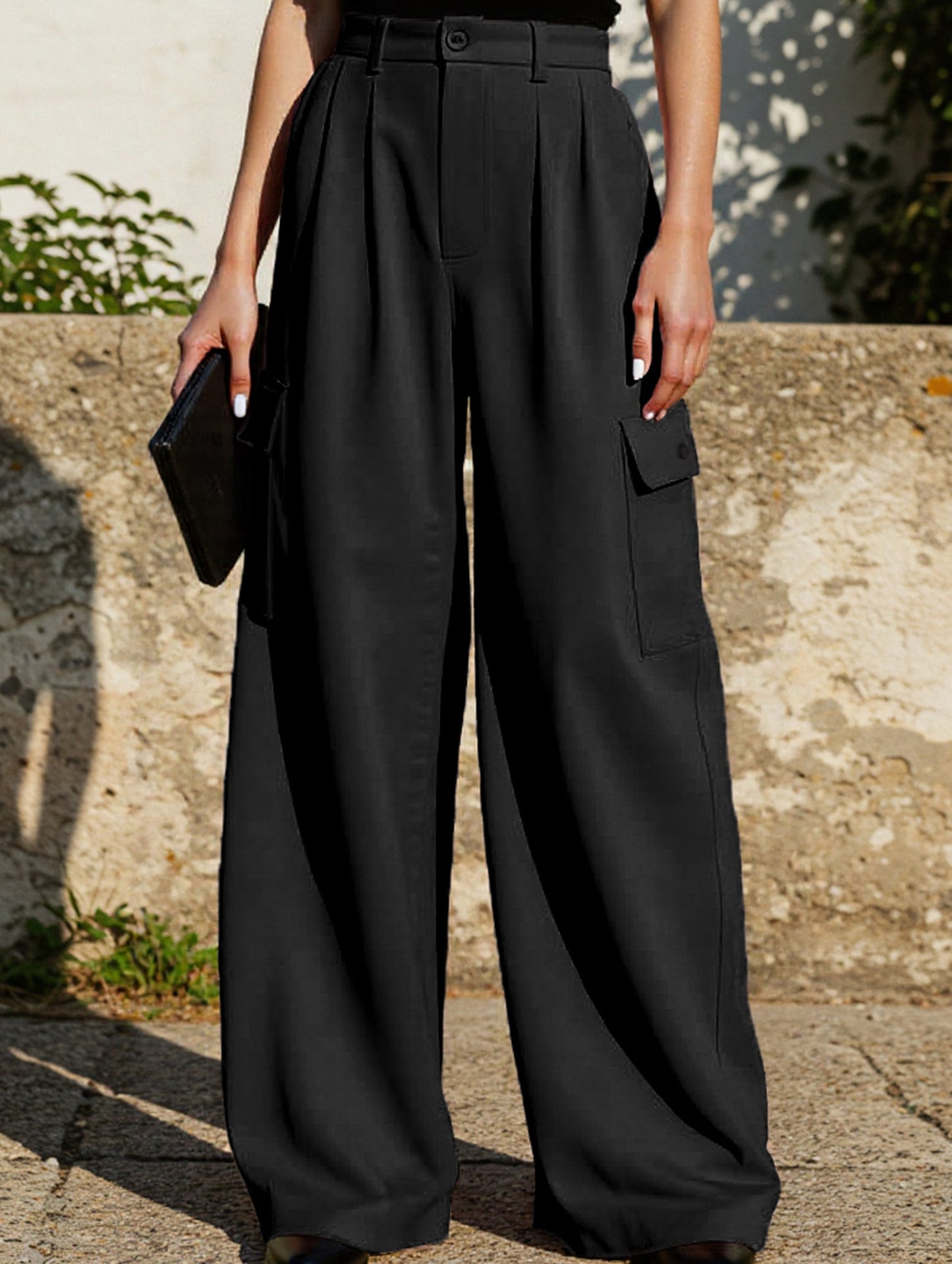 Fashion solid color loose high waist pants