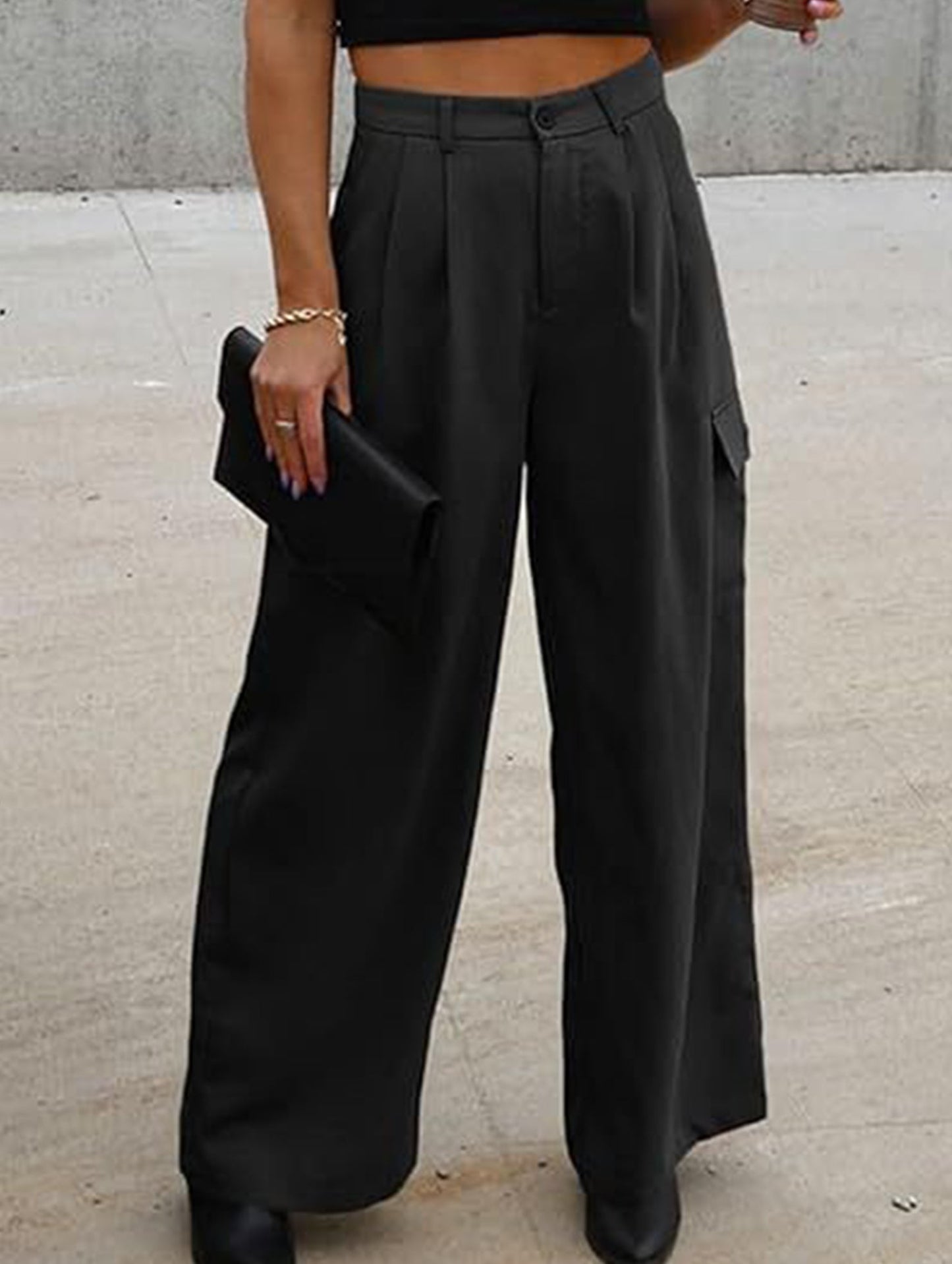 Fashion solid color loose high waist pants