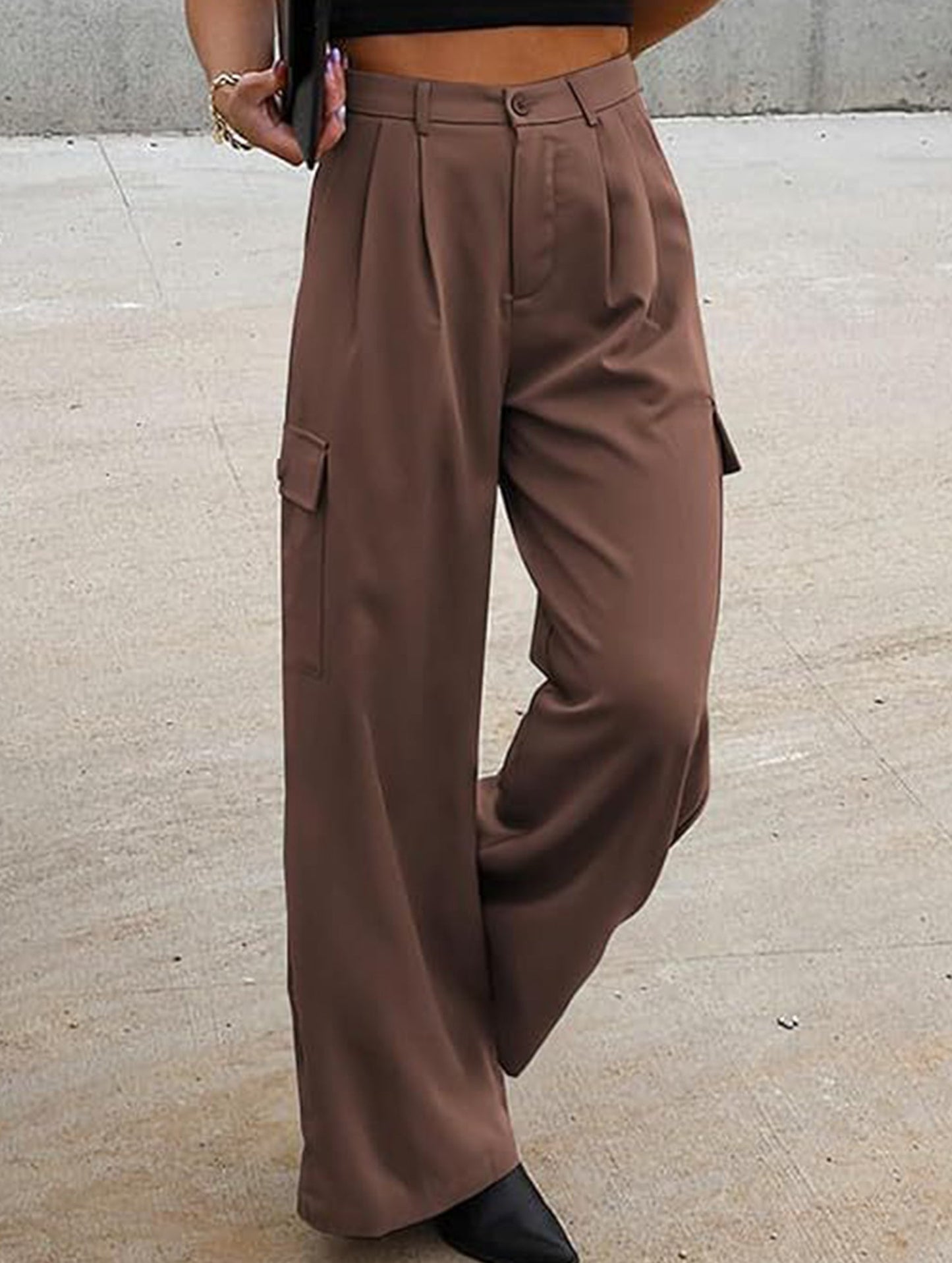 Fashion solid color loose high waist pants