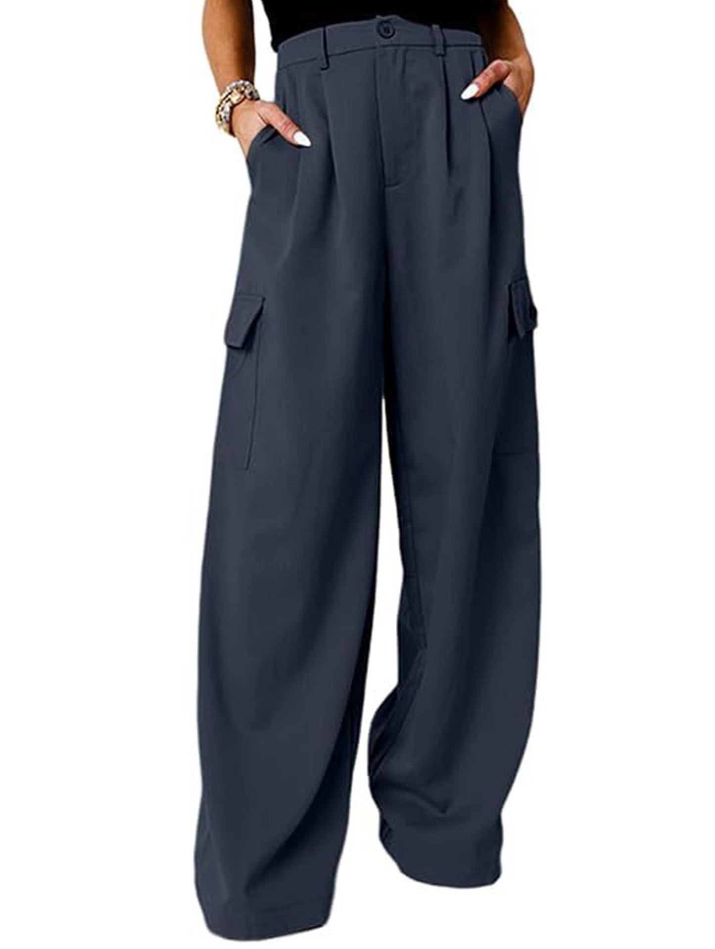 Fashion solid color loose high waist pants