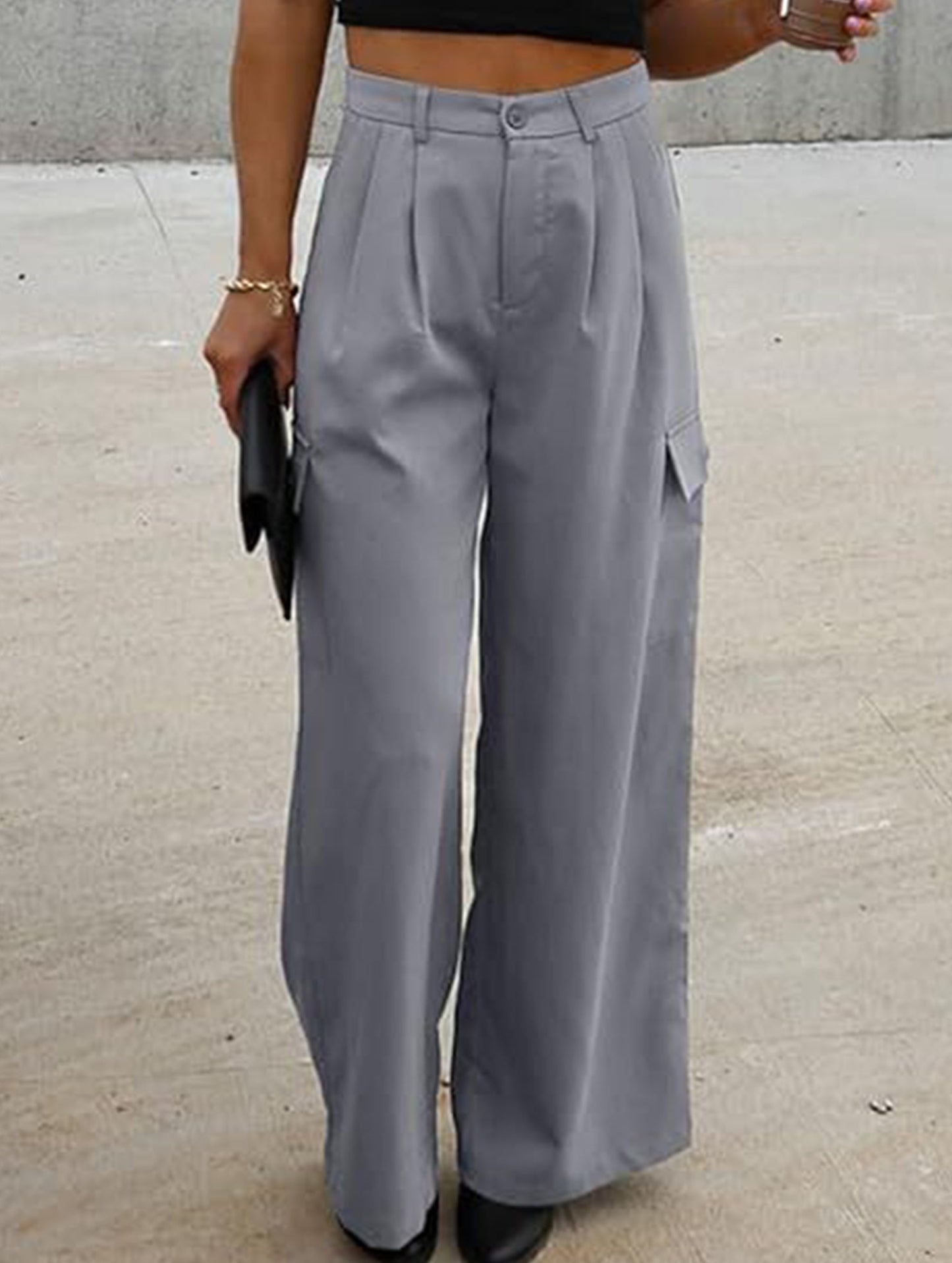 Fashion solid color loose high waist pants