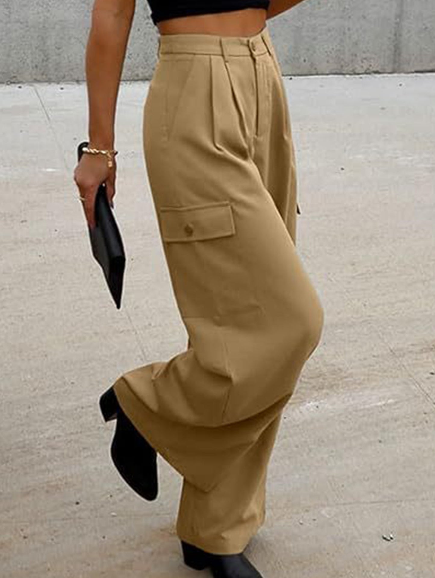 Fashion solid color loose high waist pants