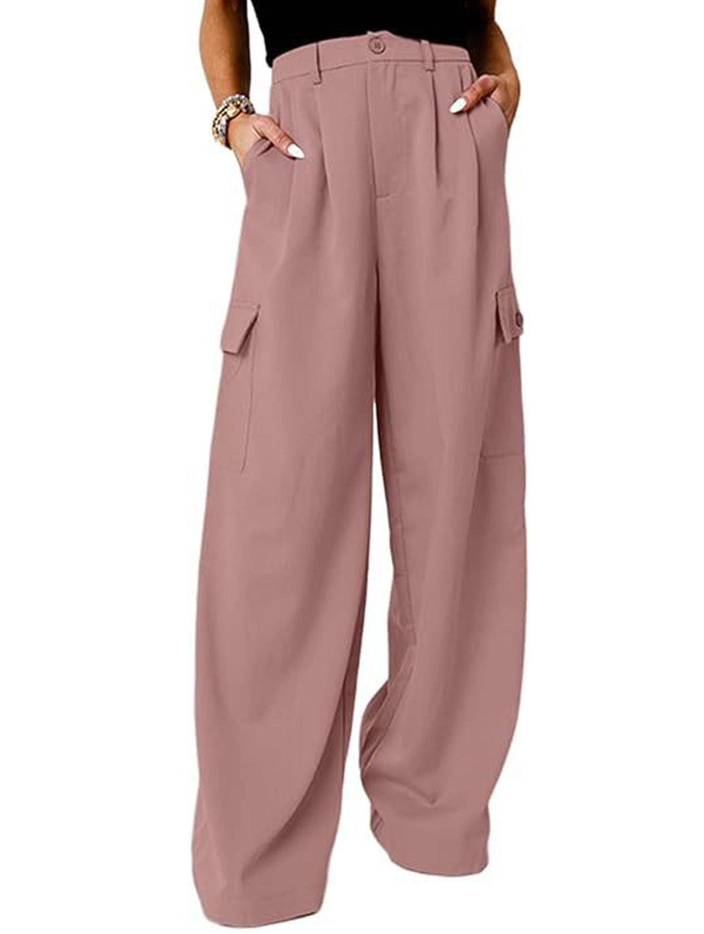 Fashion solid color loose high waist pants