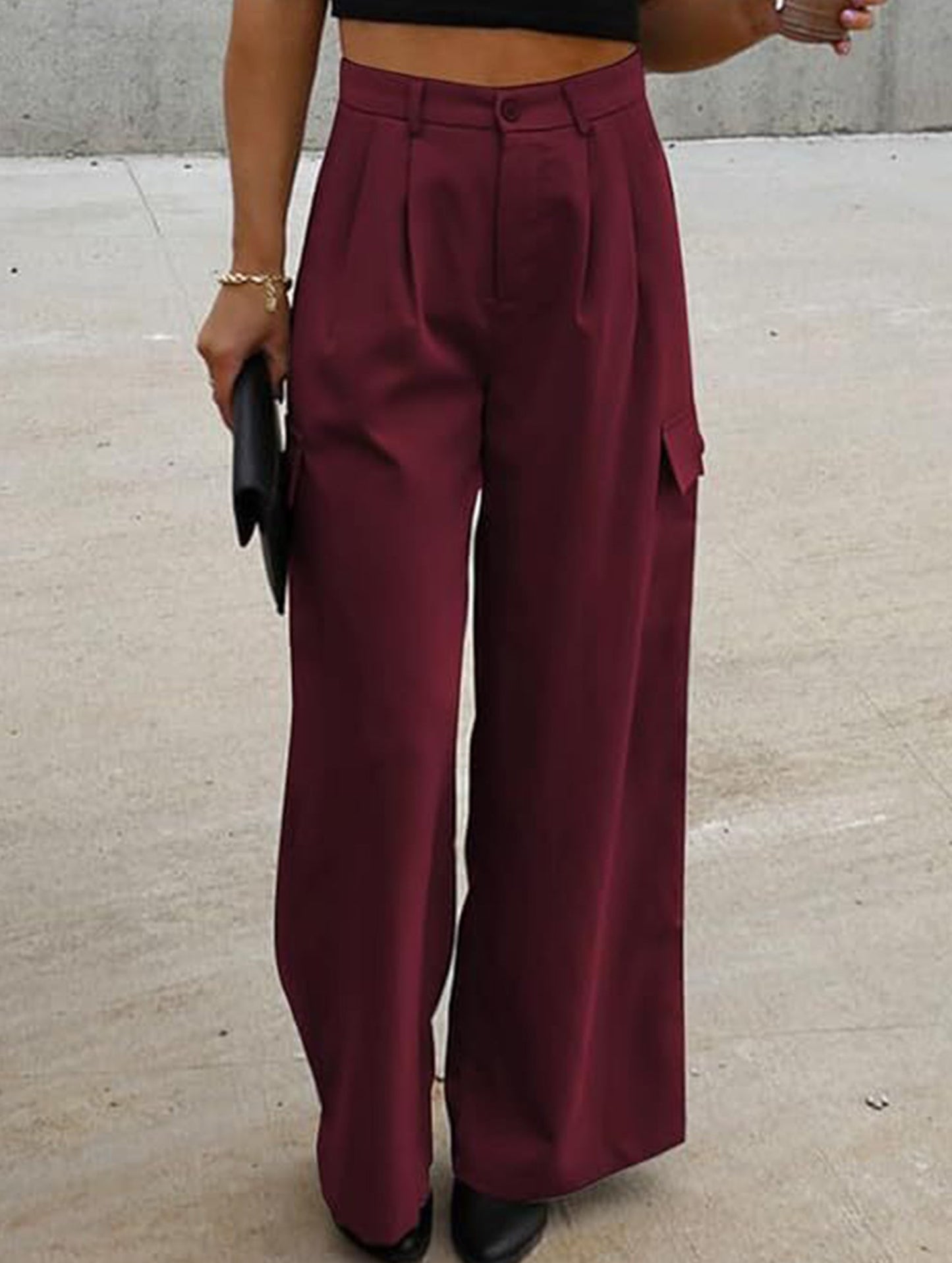 Fashion solid color loose high waist pants