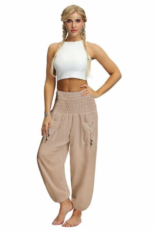 SOLID COLOR ELASTIC WAIST PANTS - Doublju