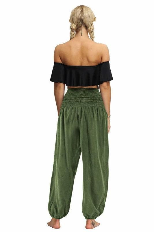 SOLID COLOR ELASTIC WAIST PANTS - Doublju