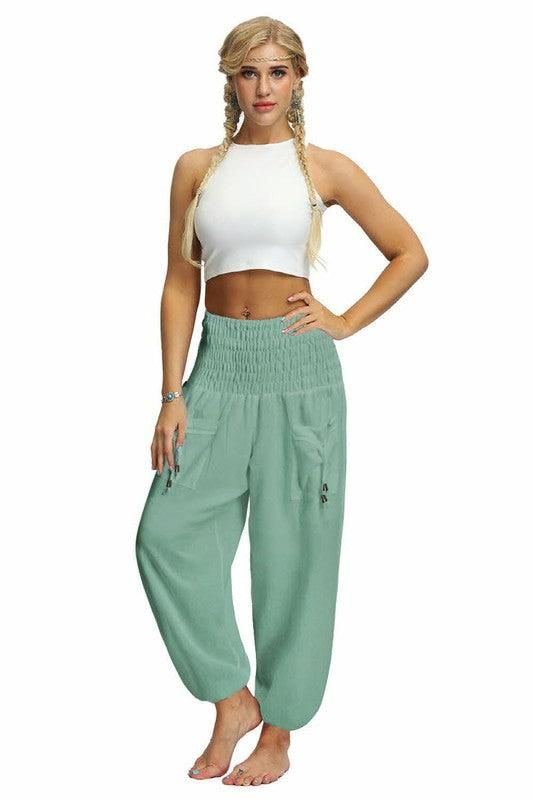 SOLID COLOR ELASTIC WAIST PANTS - Doublju