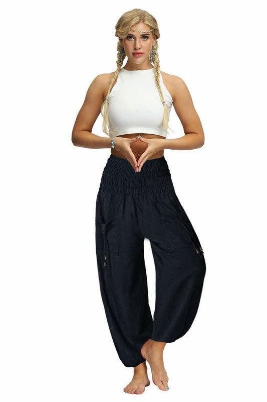 SOLID COLOR ELASTIC WAIST PANTS - Doublju