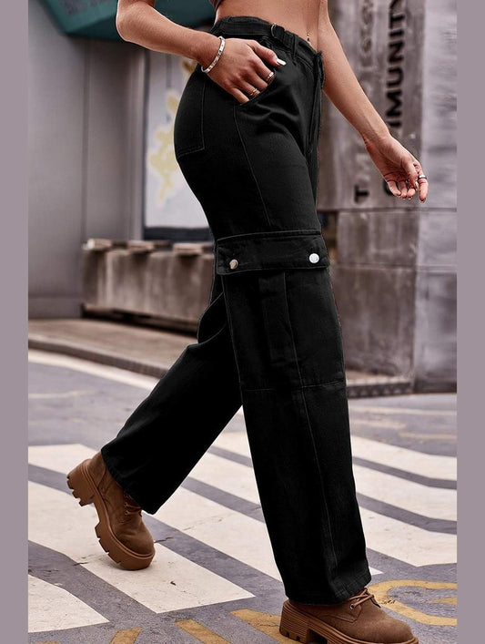 ADJUSTABLE WAIST LONG CARGO PANTS - Doublju