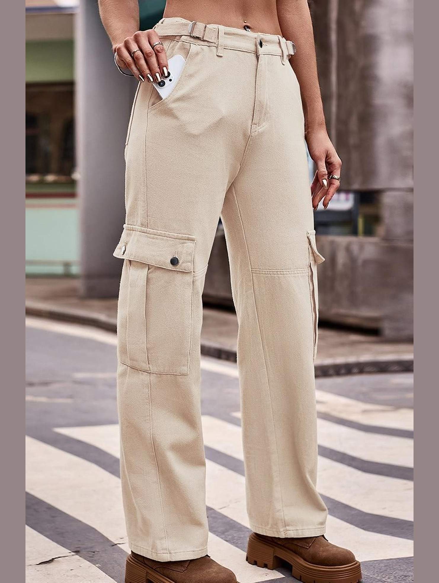 ADJUSTABLE WAIST LONG CARGO PANTS - Doublju