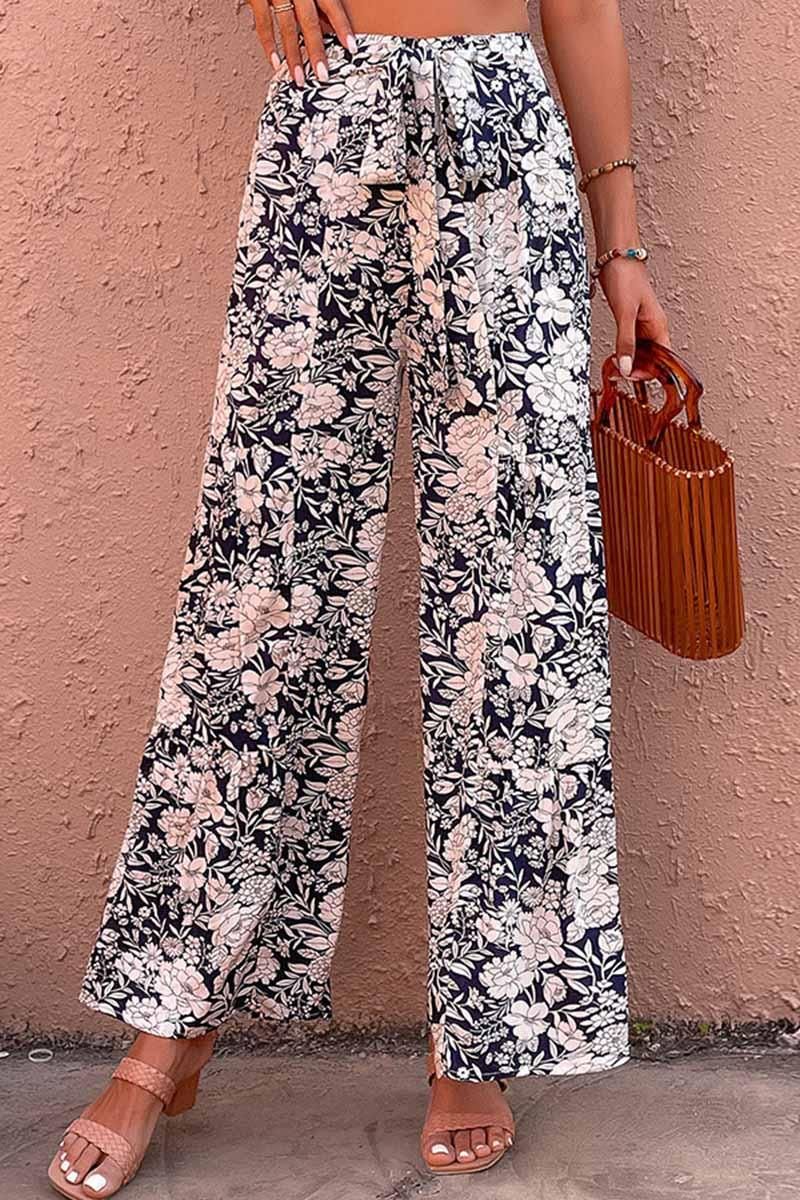 FLORAL TIED HIGH WAIST WIDE PANTS - Doublju