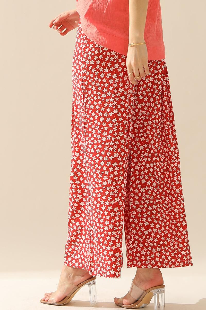 HIGH WAIST FLORAL RUFFLED WIDE PANTS - Doublju
