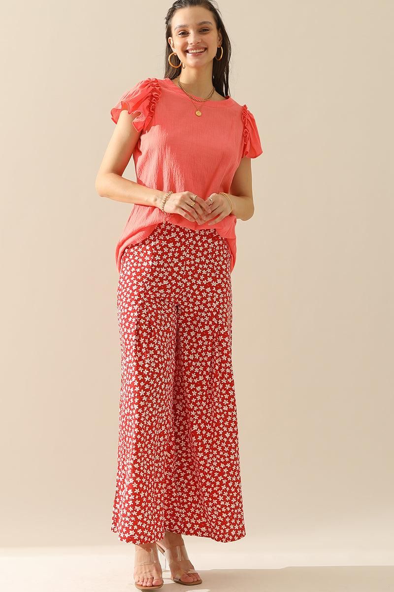 HIGH WAIST FLORAL RUFFLED WIDE PANTS - Doublju