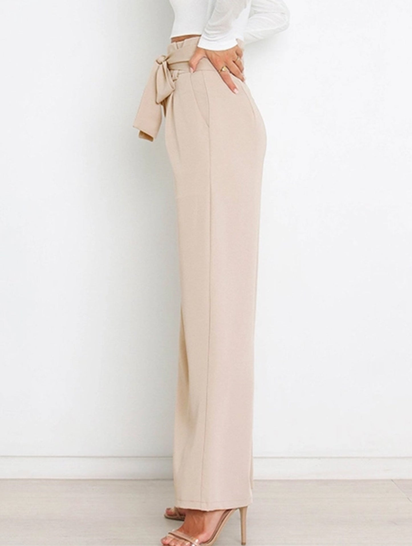 WOMEN TIED WAIST WIDE LEG OFFICE WORK PANTS