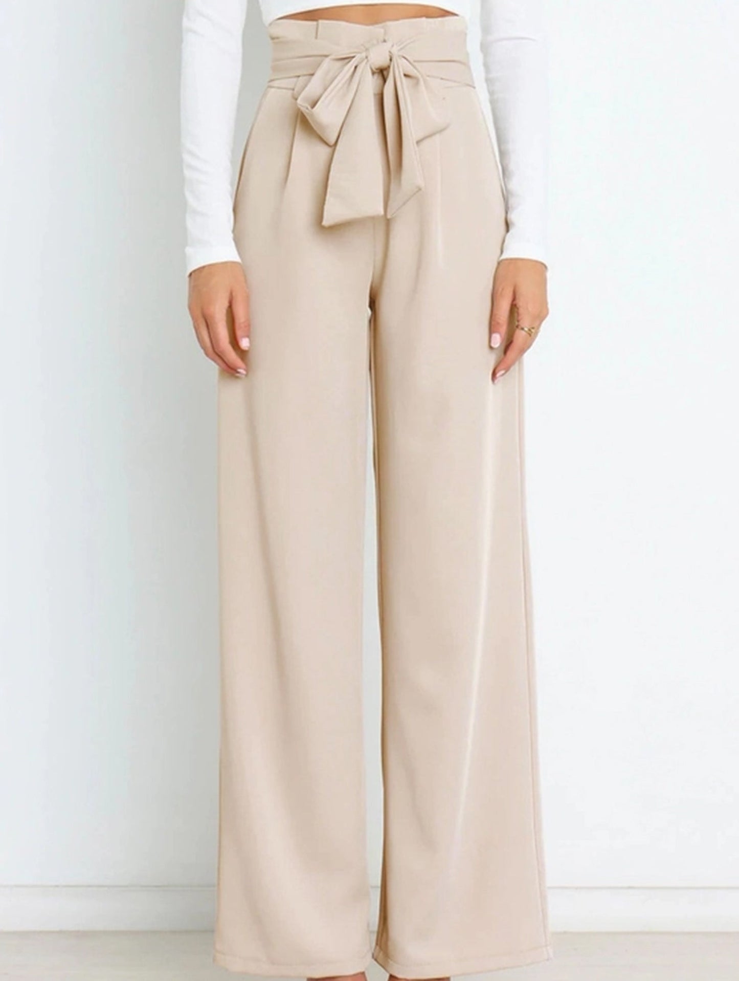 WOMEN TIED WAIST WIDE LEG OFFICE WORK PANTS