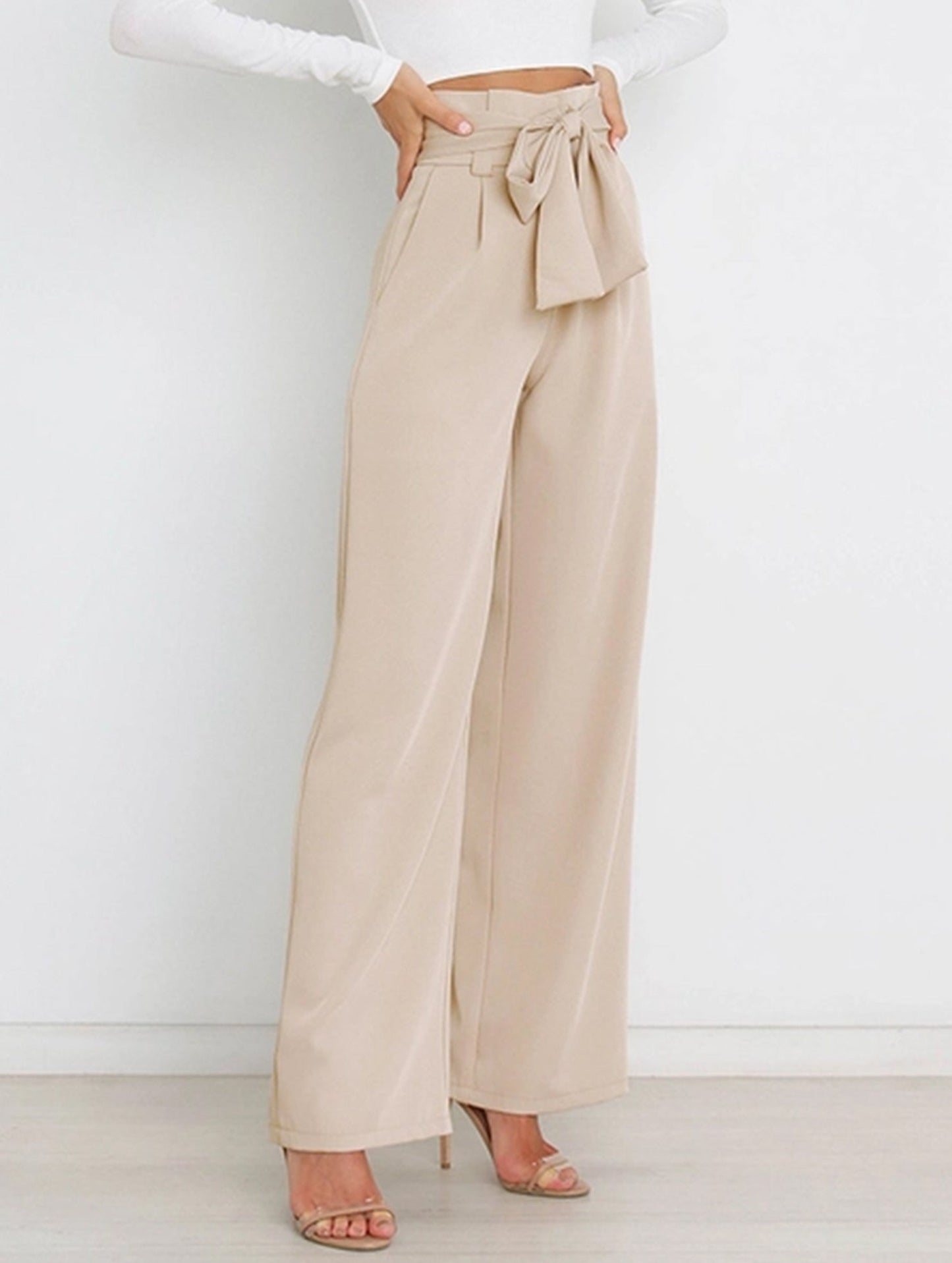 WOMEN TIED WAIST WIDE LEG OFFICE WORK PANTS