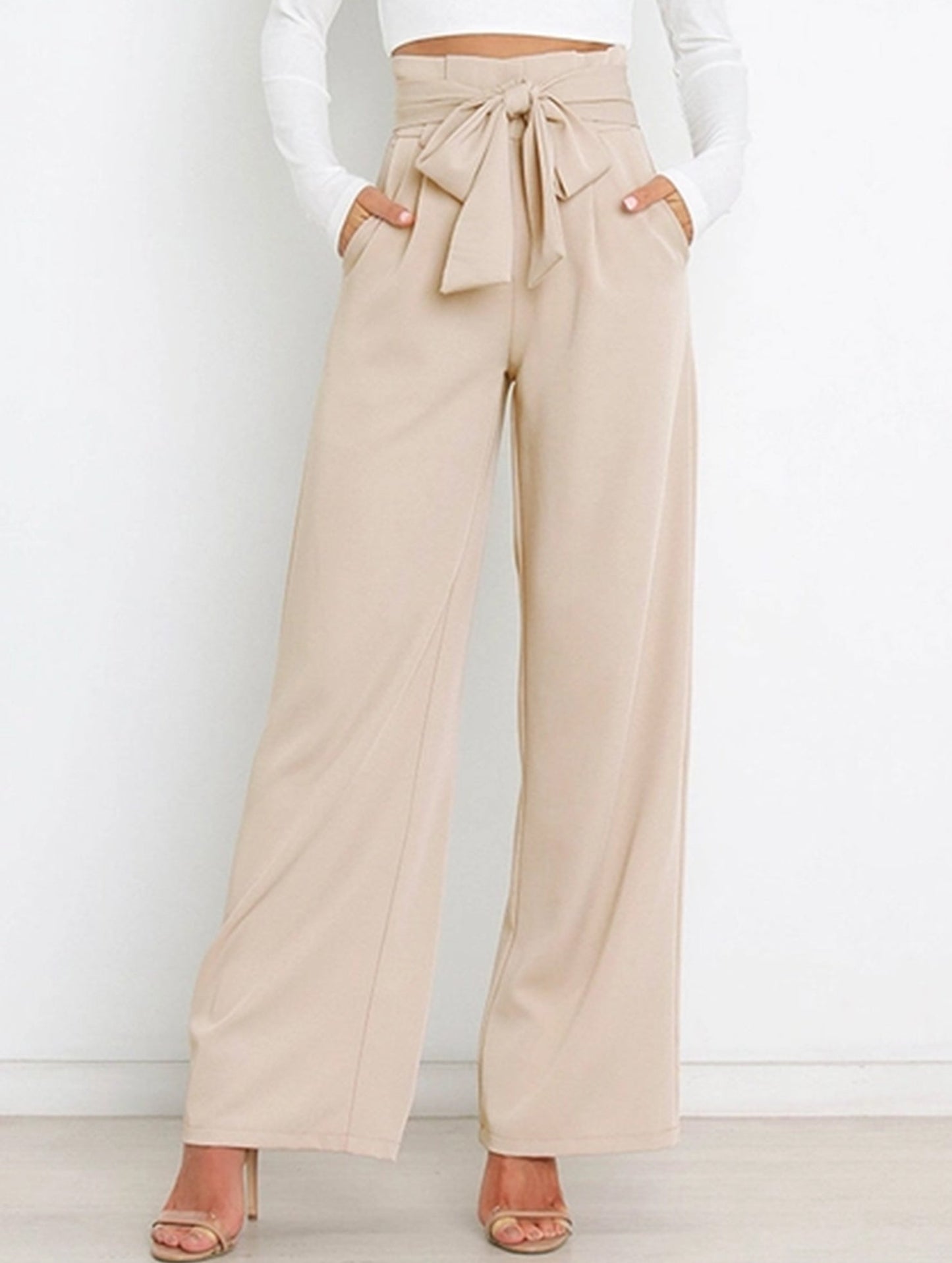 WOMEN TIED WAIST WIDE LEG OFFICE WORK PANTS