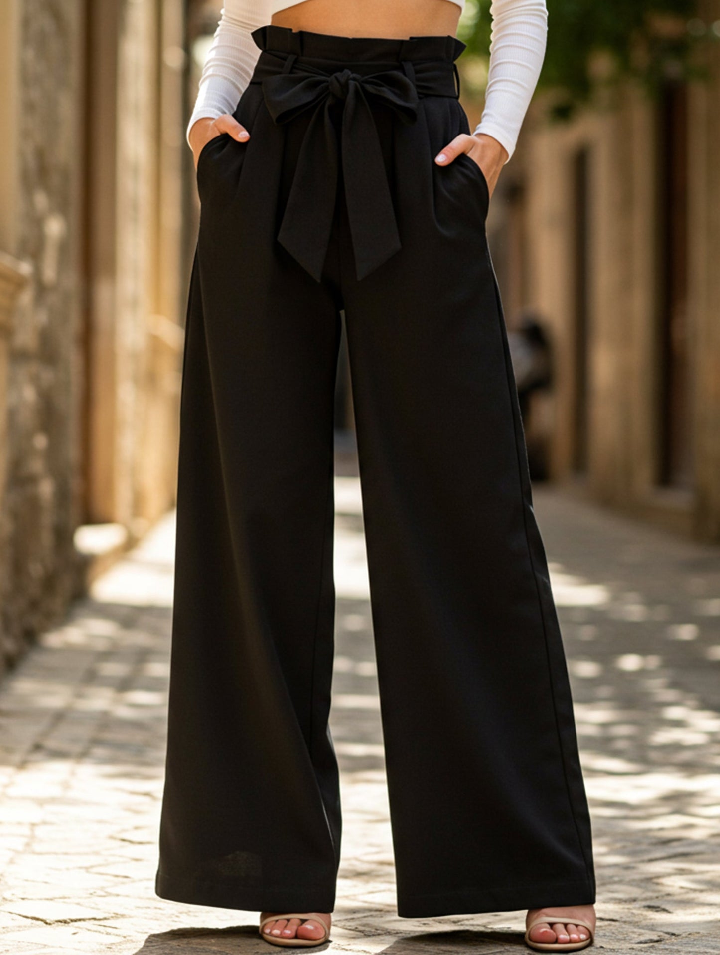 WOMEN TIED WAIST WIDE LEG OFFICE WORK PANTS