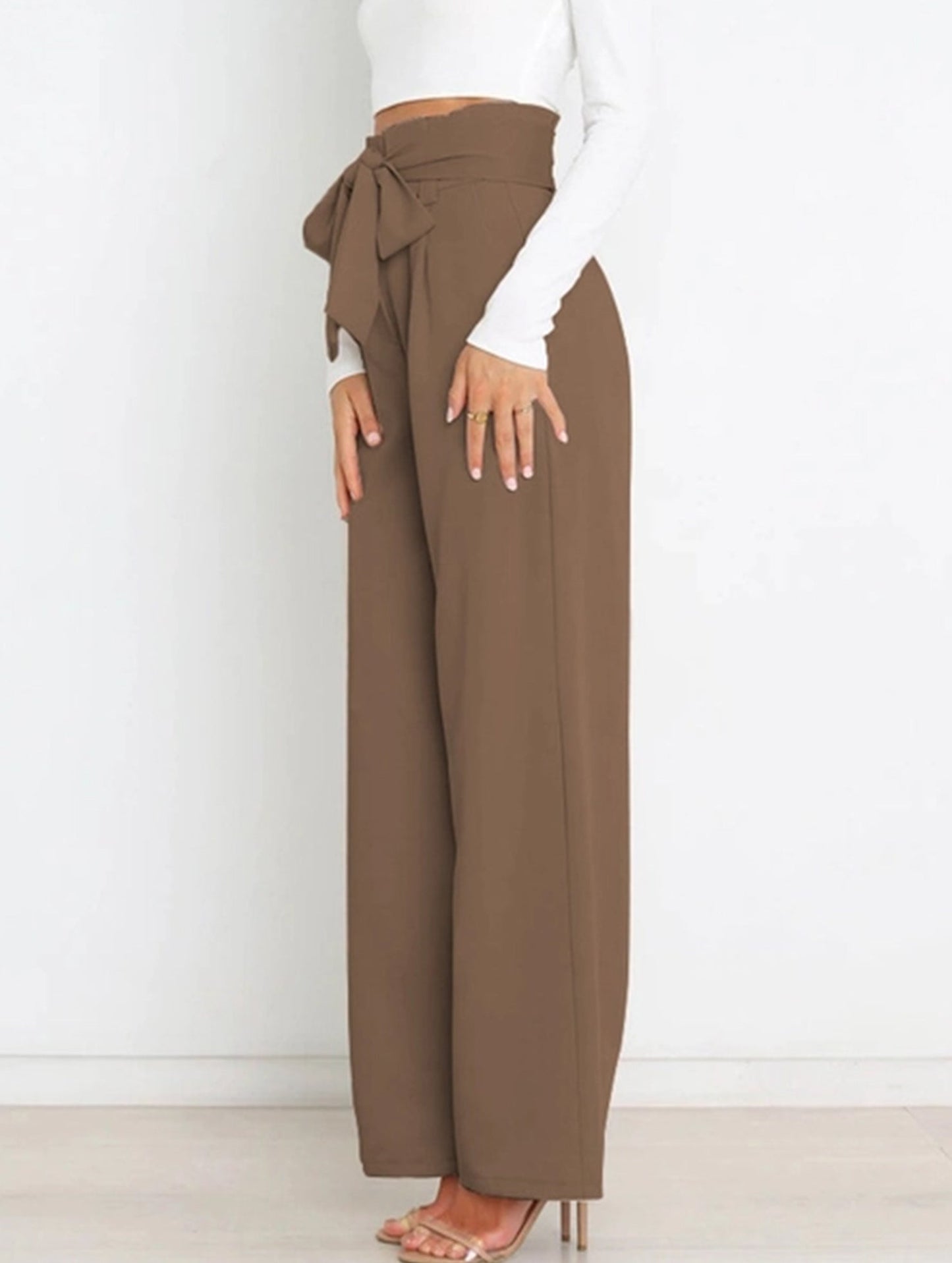 WOMEN TIED WAIST WIDE LEG OFFICE WORK PANTS