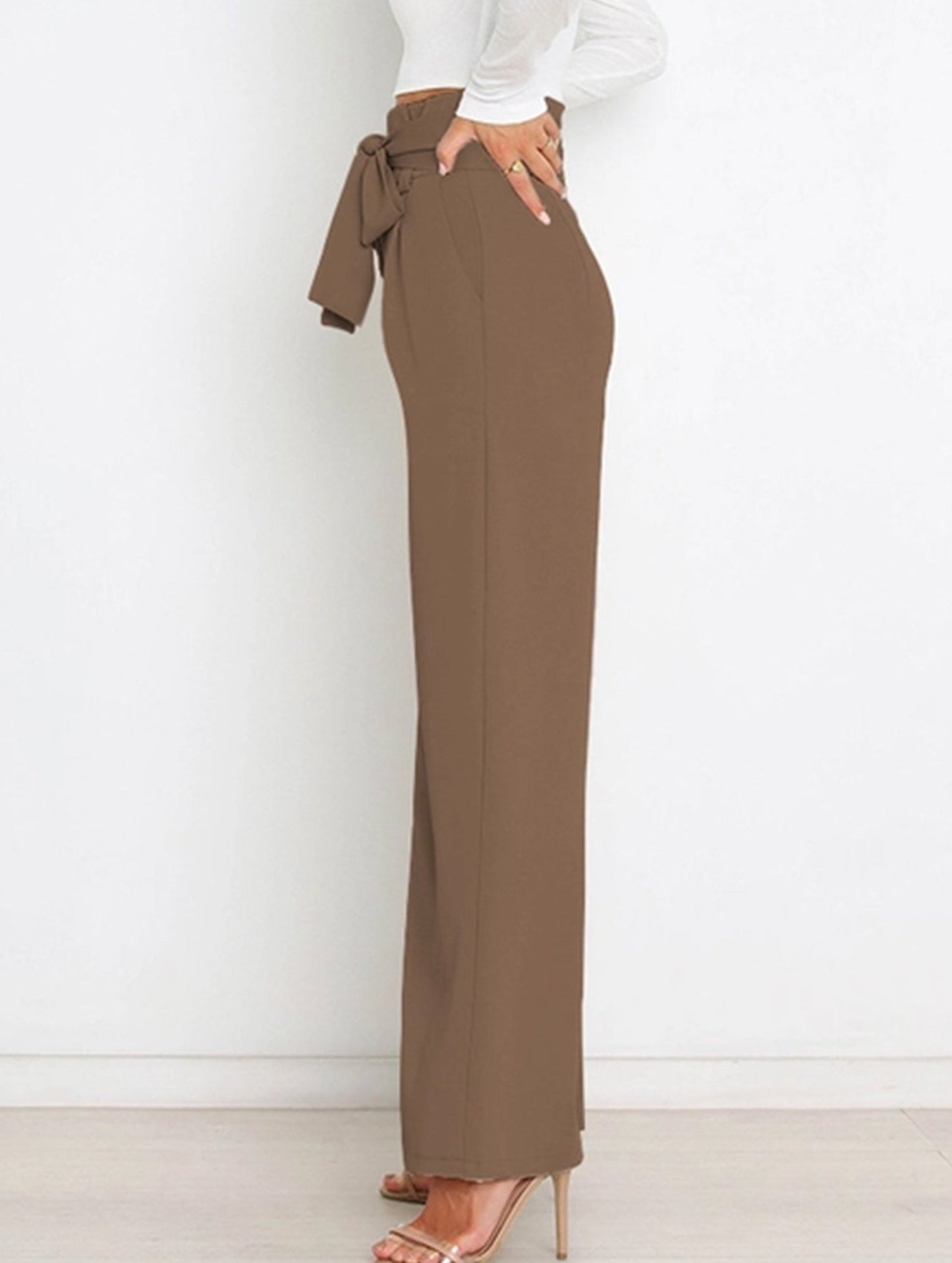 WOMEN TIED WAIST WIDE LEG OFFICE WORK PANTS