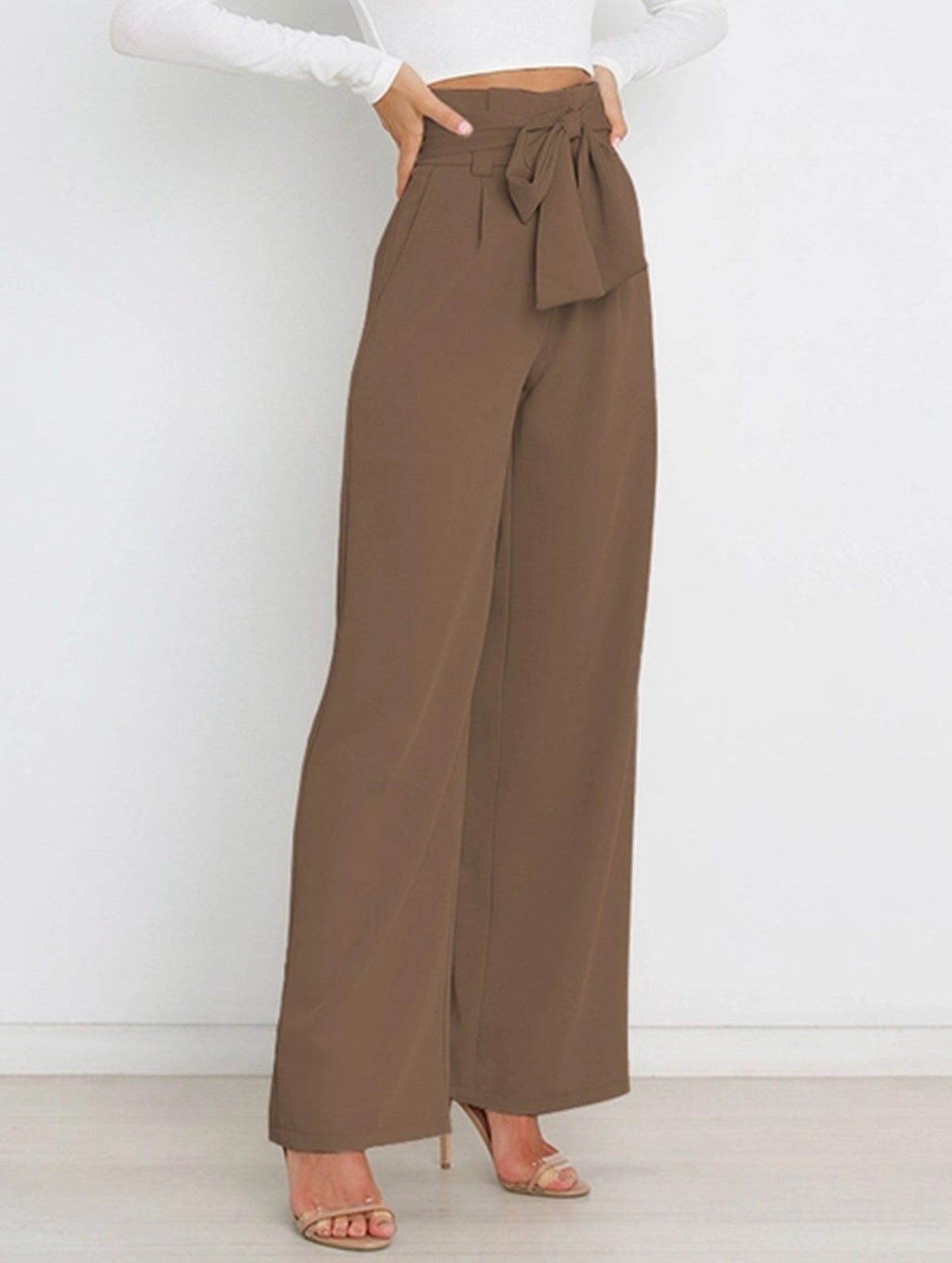 WOMEN TIED WAIST WIDE LEG OFFICE WORK PANTS