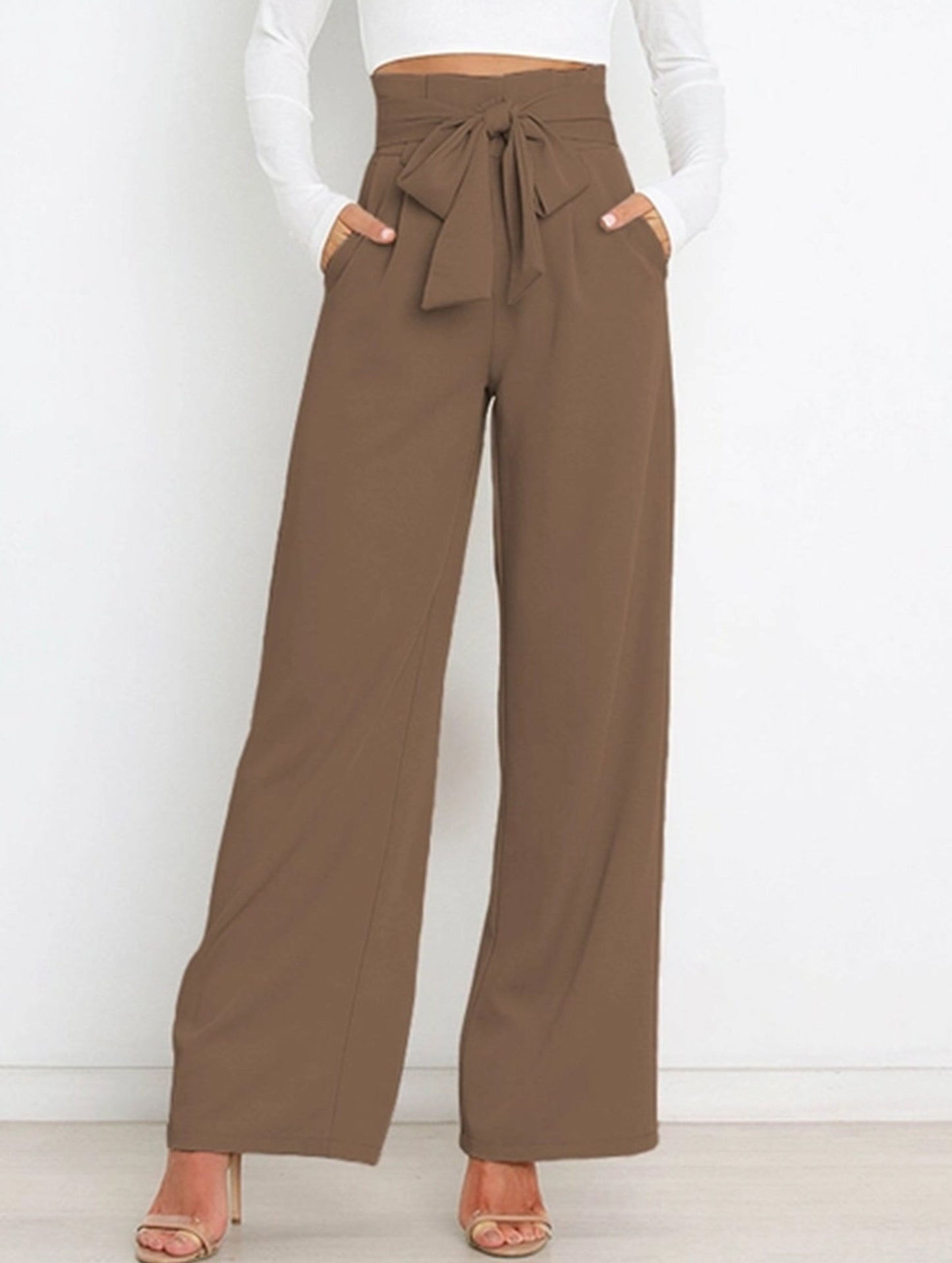 WOMEN TIED WAIST WIDE LEG OFFICE WORK PANTS