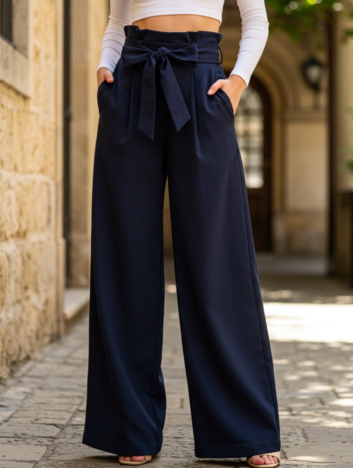 WOMEN TIED WAIST WIDE LEG OFFICE WORK PANTS