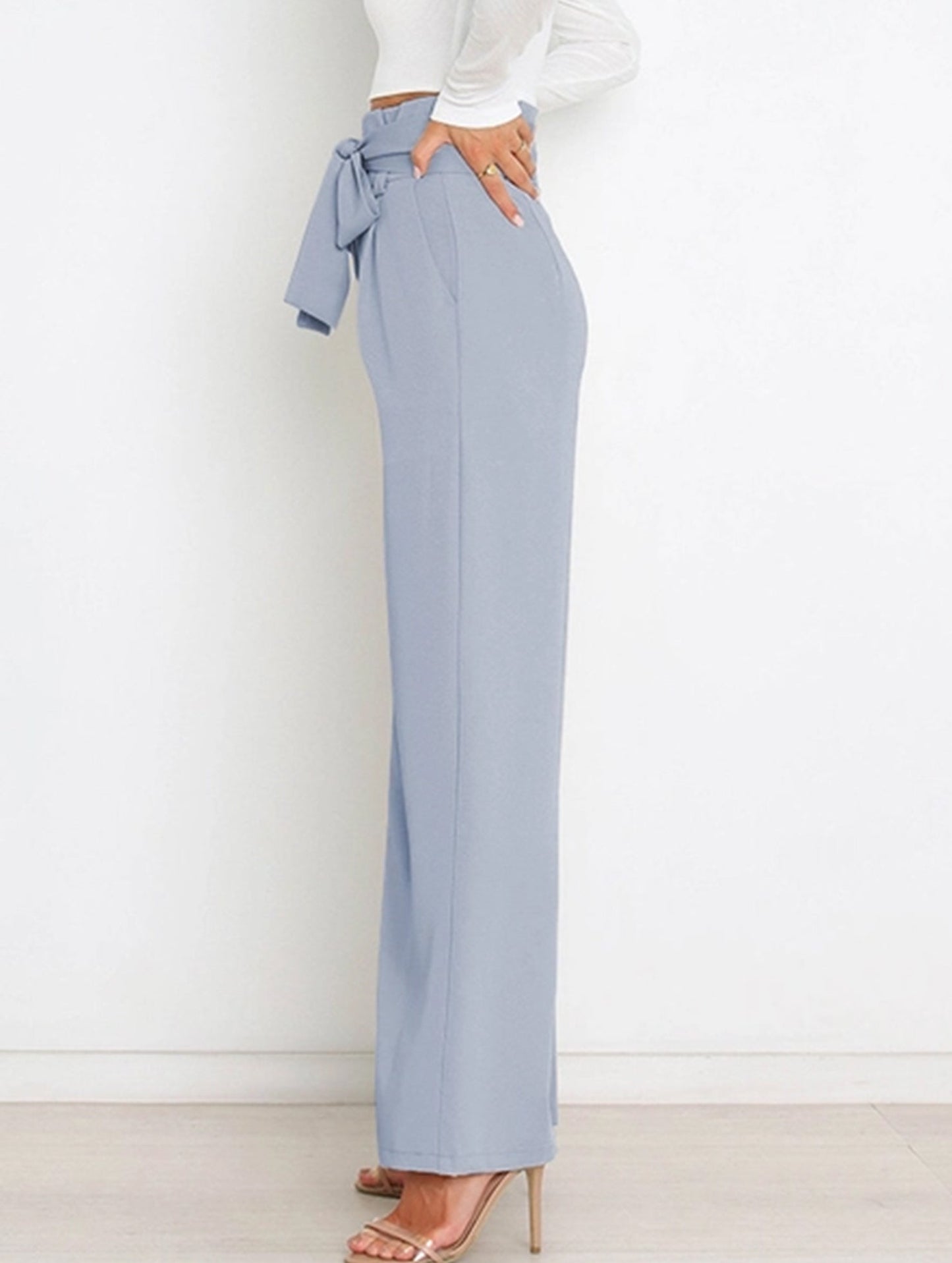 WOMEN TIED WAIST WIDE LEG OFFICE WORK PANTS