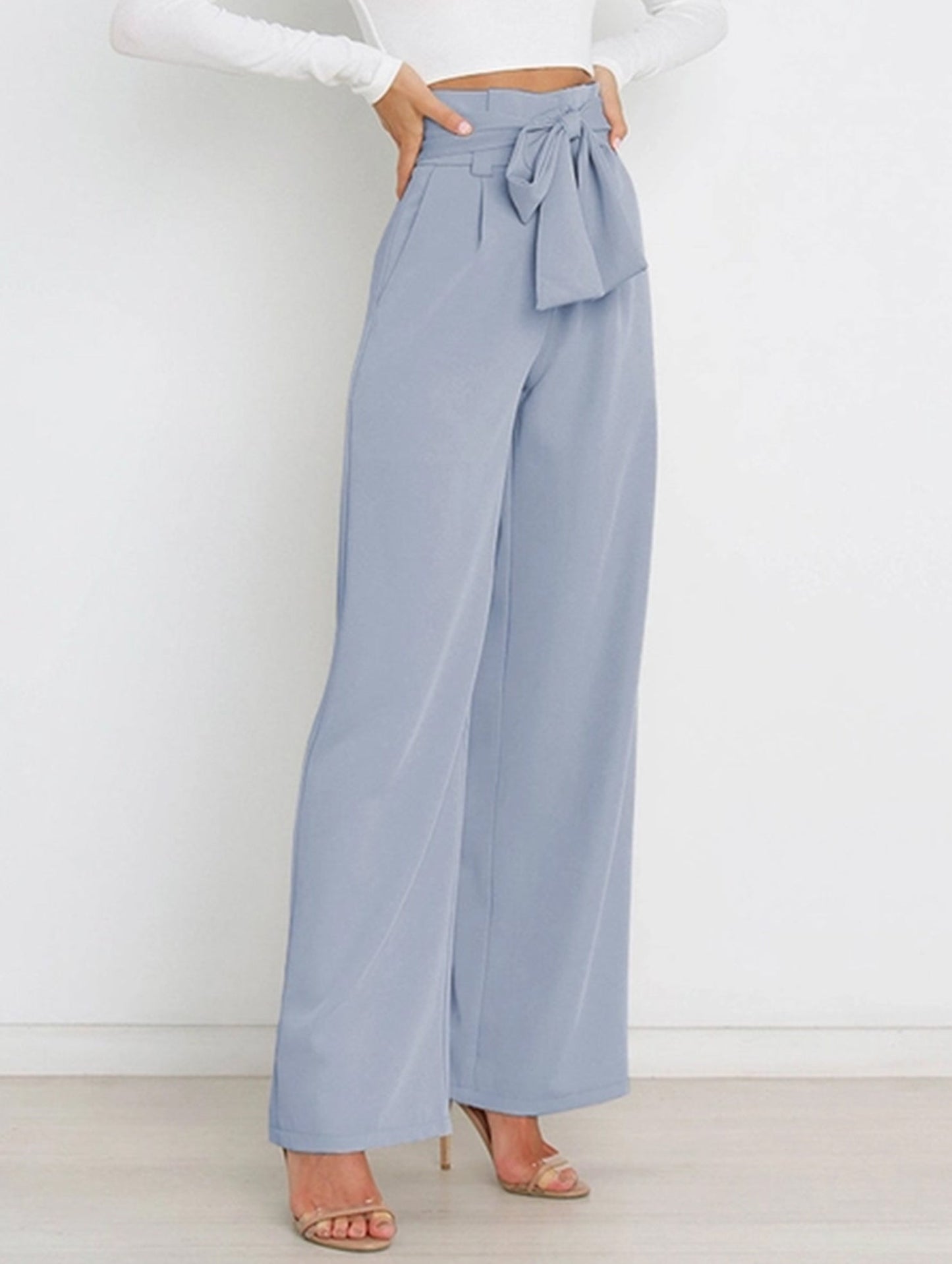 WOMEN TIED WAIST WIDE LEG OFFICE WORK PANTS