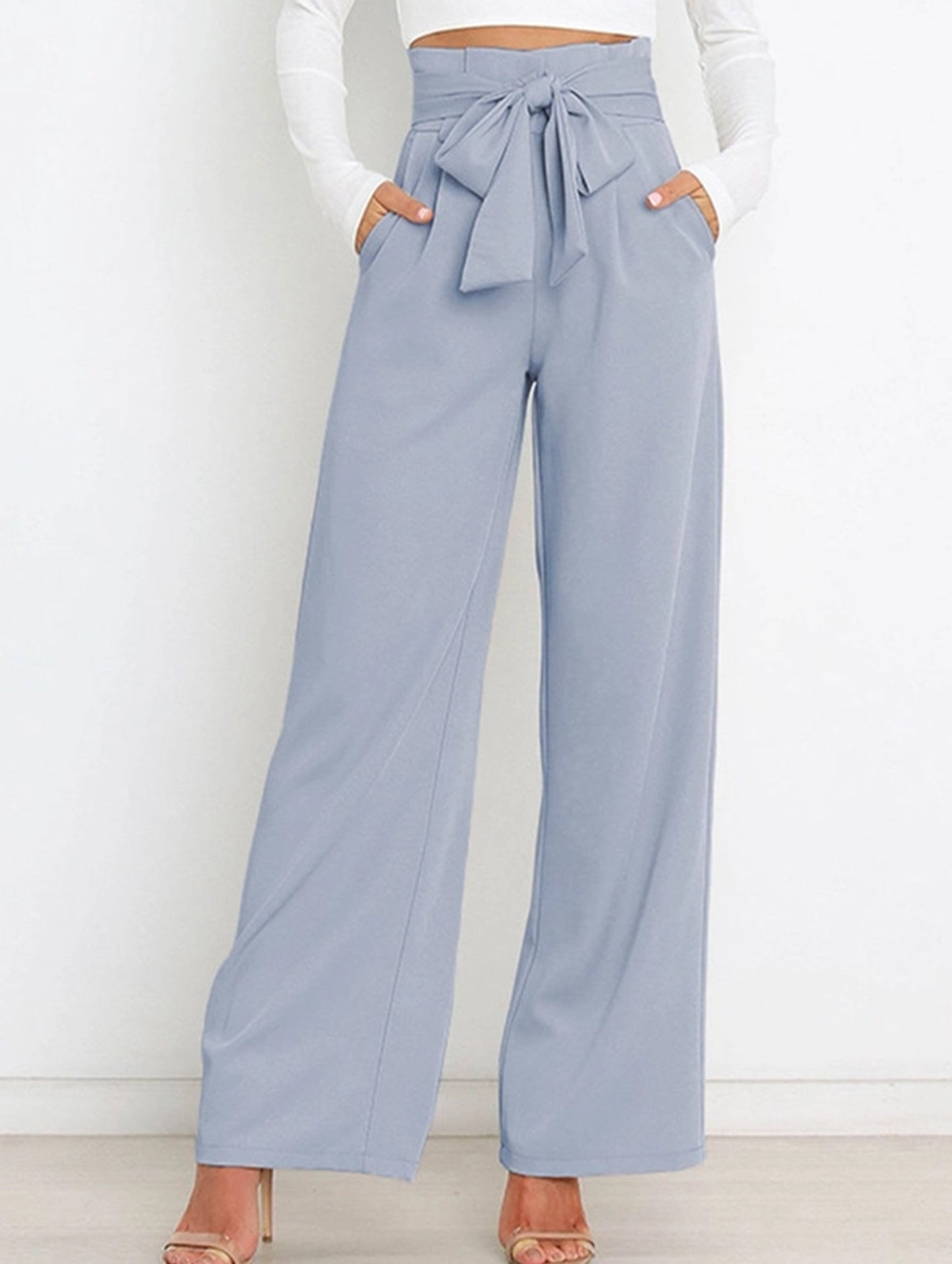 WOMEN TIED WAIST WIDE LEG OFFICE WORK PANTS