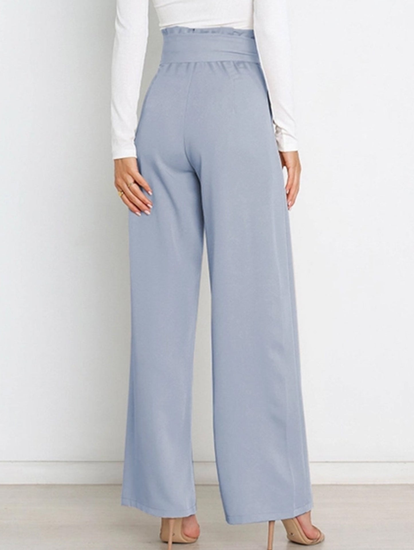 WOMEN TIED WAIST WIDE LEG OFFICE WORK PANTS