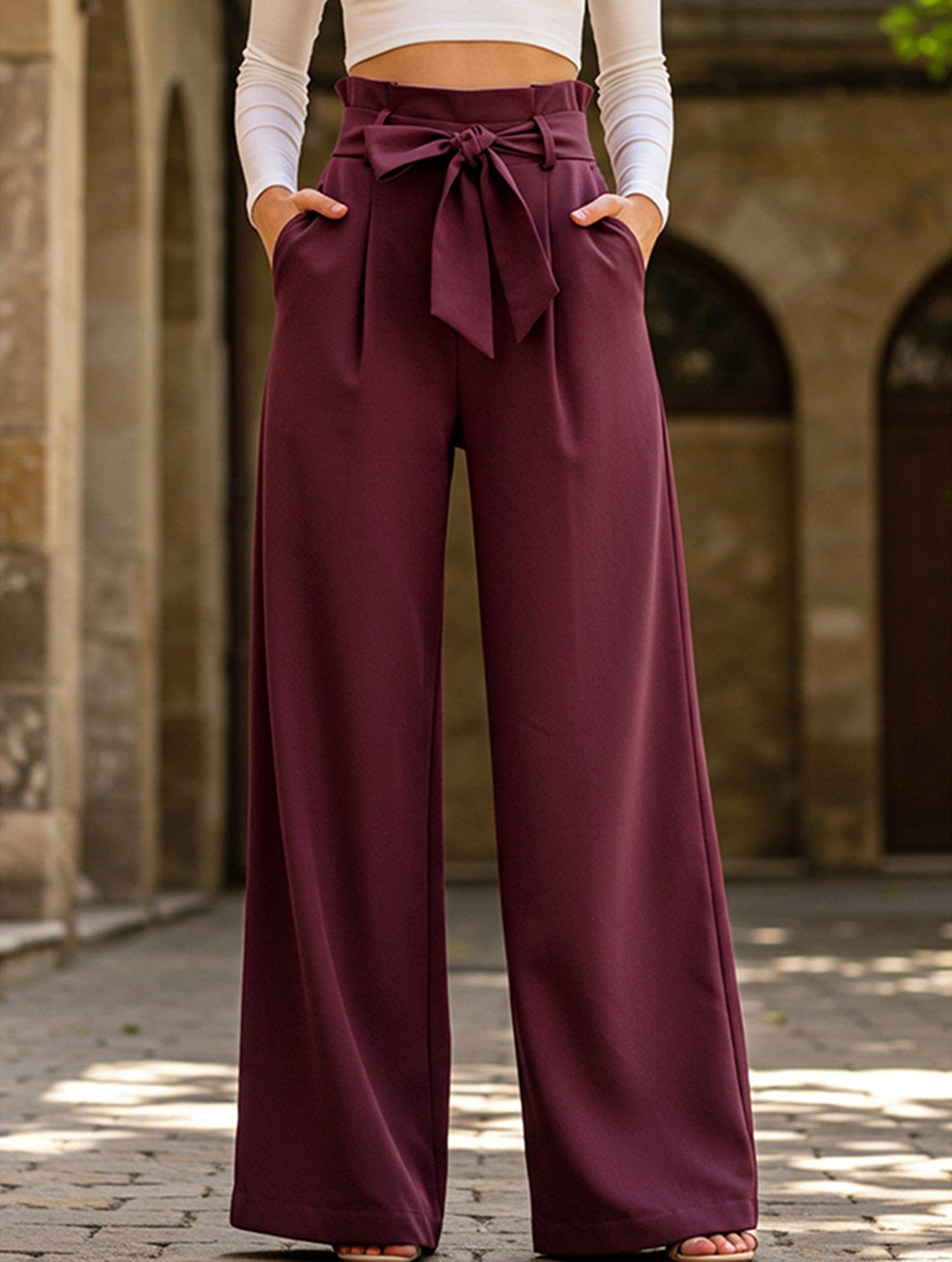 WOMEN TIED WAIST WIDE LEG OFFICE WORK PANTS