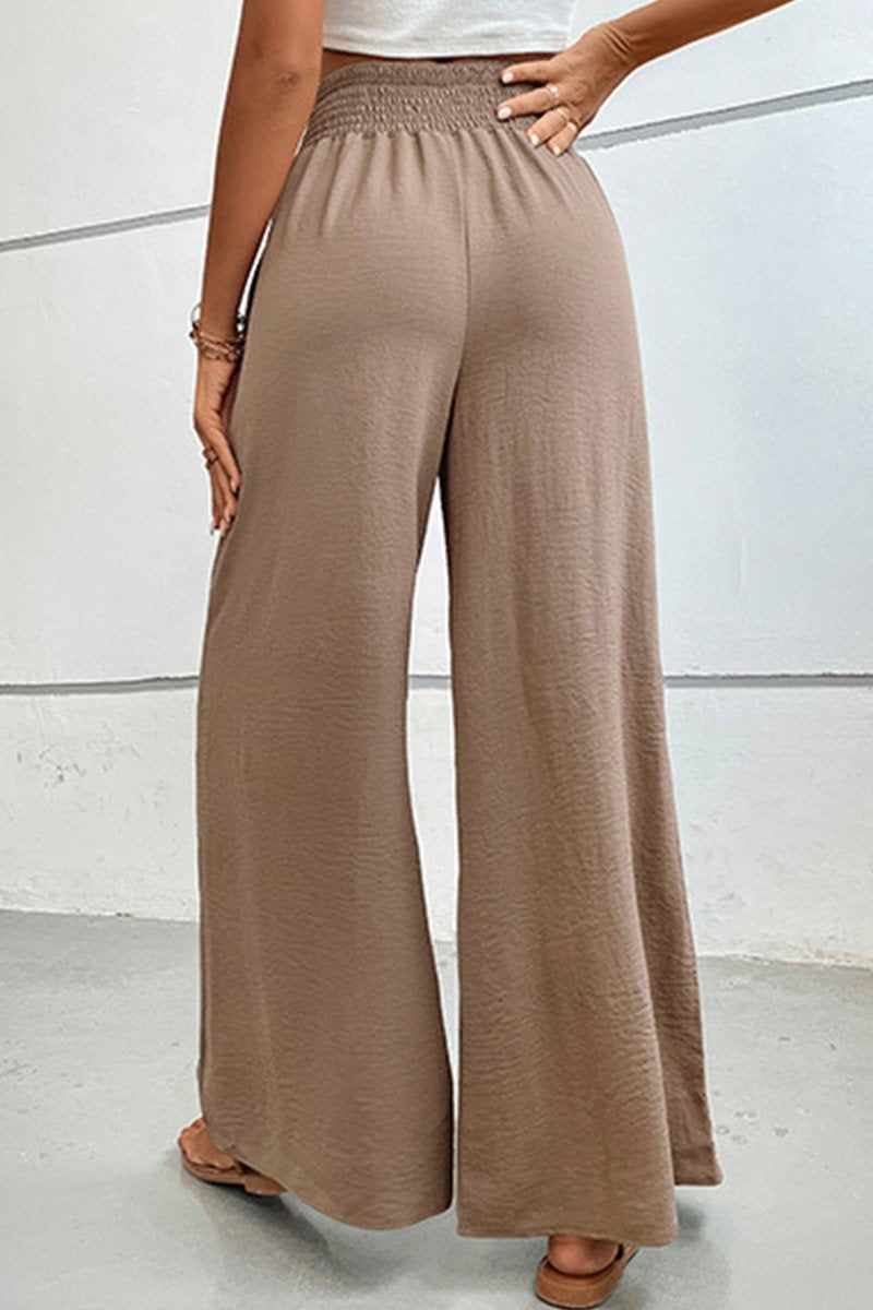 WOMEN SMOCKED ELASTIC WAIST WIDE LEG LONG PANTS