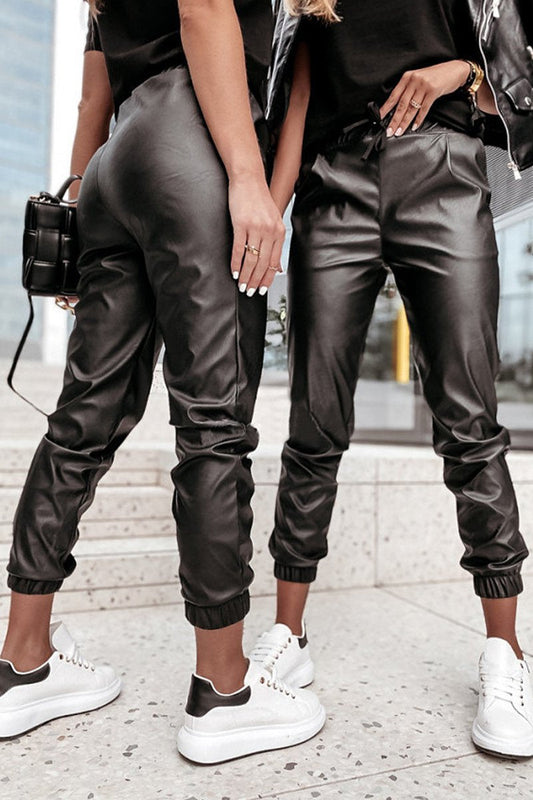 WOMEN PU LEATHER RIBBED HEM PANTS WITH POCKETS
