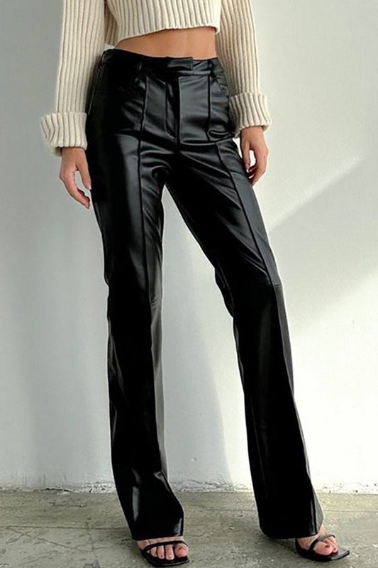 WOMEN SLIM FIT STRAIGHT LEG PU LEATHER PANTS