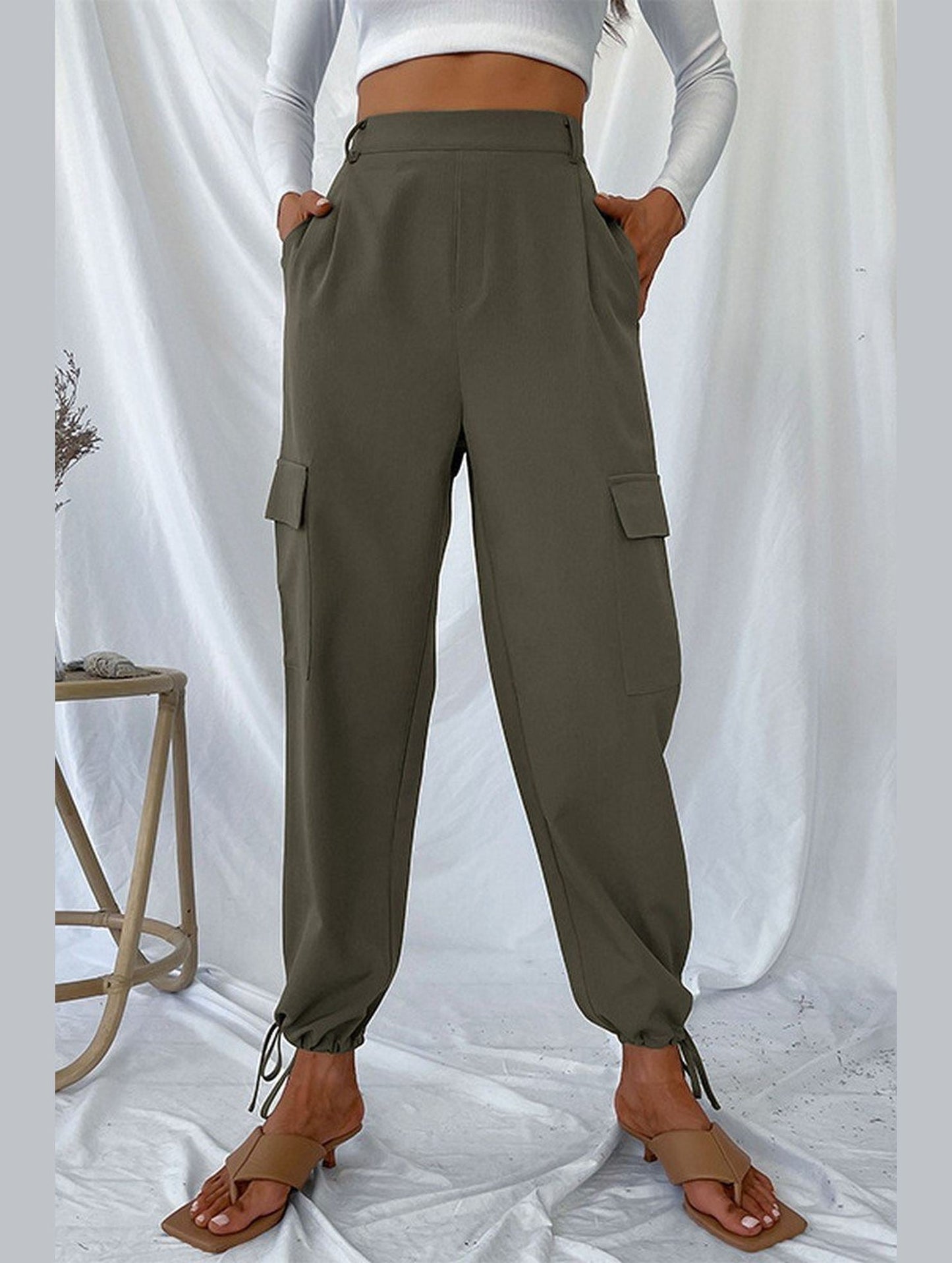 WOMEN DRAWSTRING ELASTIC HEM CASUAL LONG PANTS