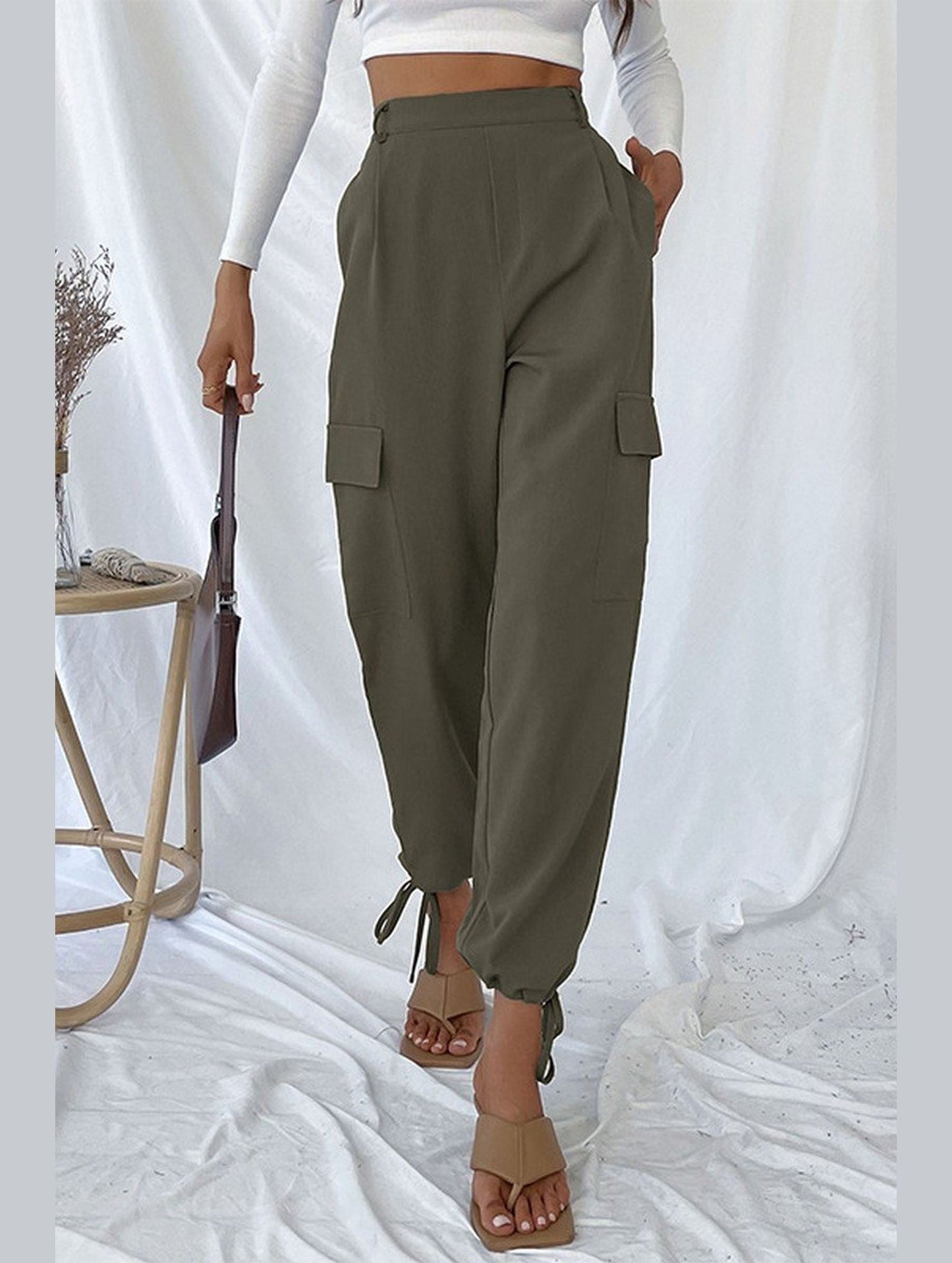 WOMEN DRAWSTRING ELASTIC HEM CASUAL LONG PANTS