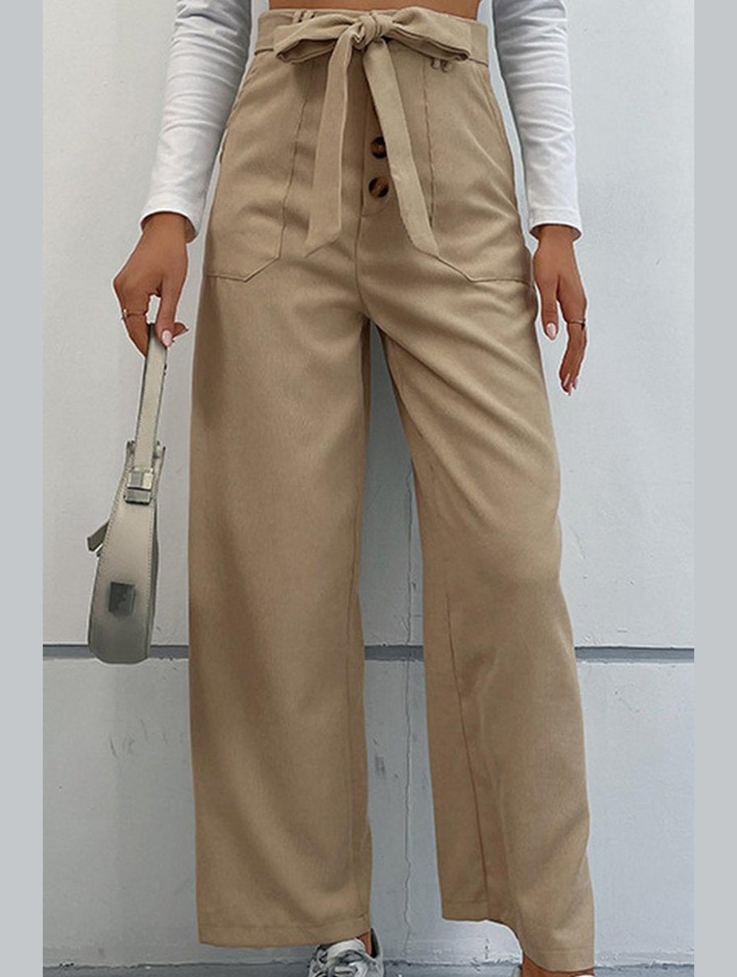 WOMEN STRAIGHT LEG FRONT TIED LONG CASUAL PANTS