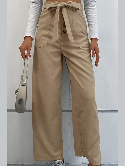 WOMEN STRAIGHT LEG FRONT TIED LONG CASUAL PANTS