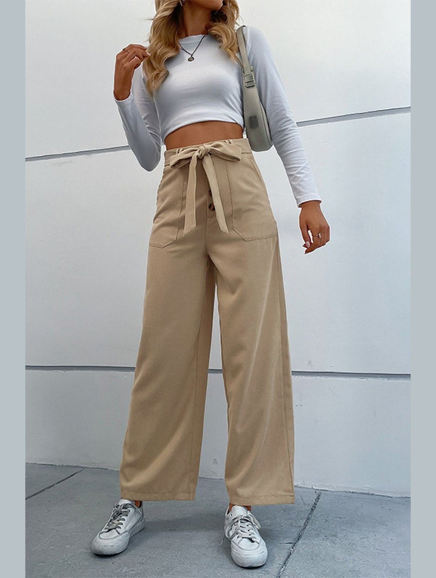 WOMEN STRAIGHT LEG FRONT TIED LONG CASUAL PANTS