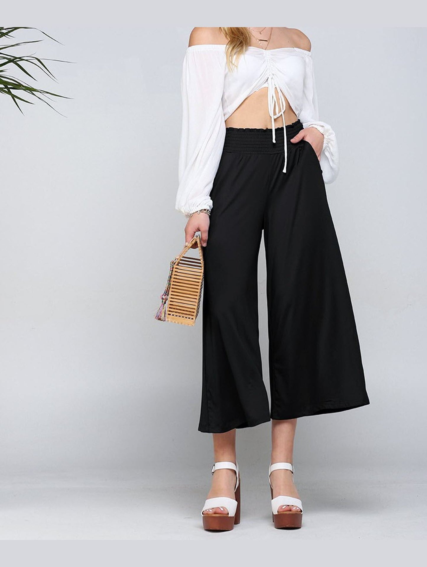 SMOCKED WAIST BEND GAUCHO PANTS