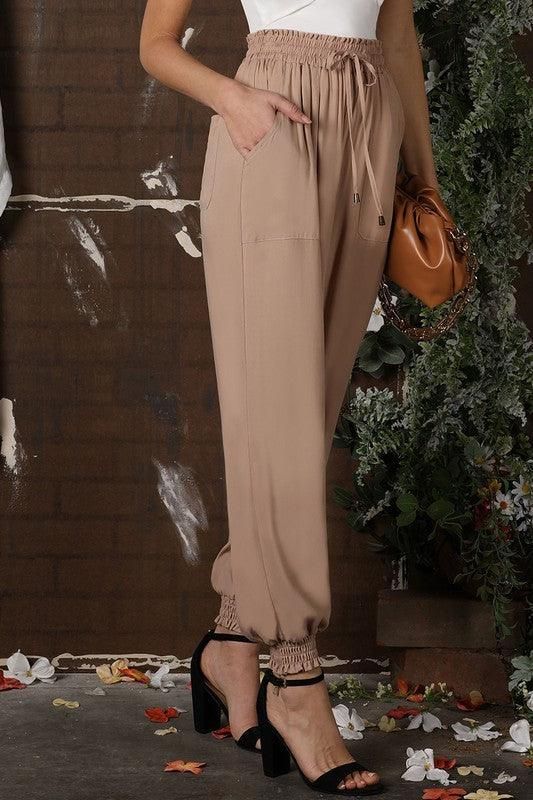 SMOCKING WAIST AND BOTTOM BANDED JOGGER PANTS - Doublju